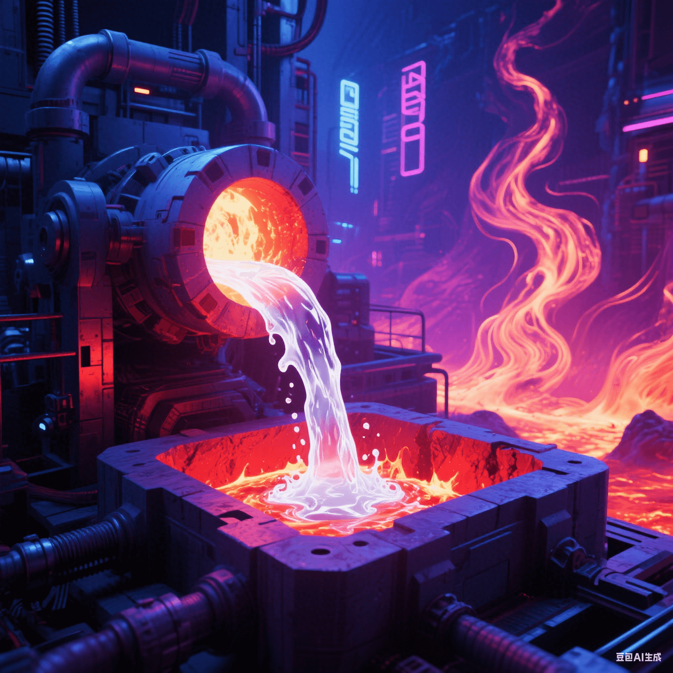 玻璃纖維熔爐：1400℃熾白巖漿狀玻液流入暗紅模具，背景扭曲熱浪  