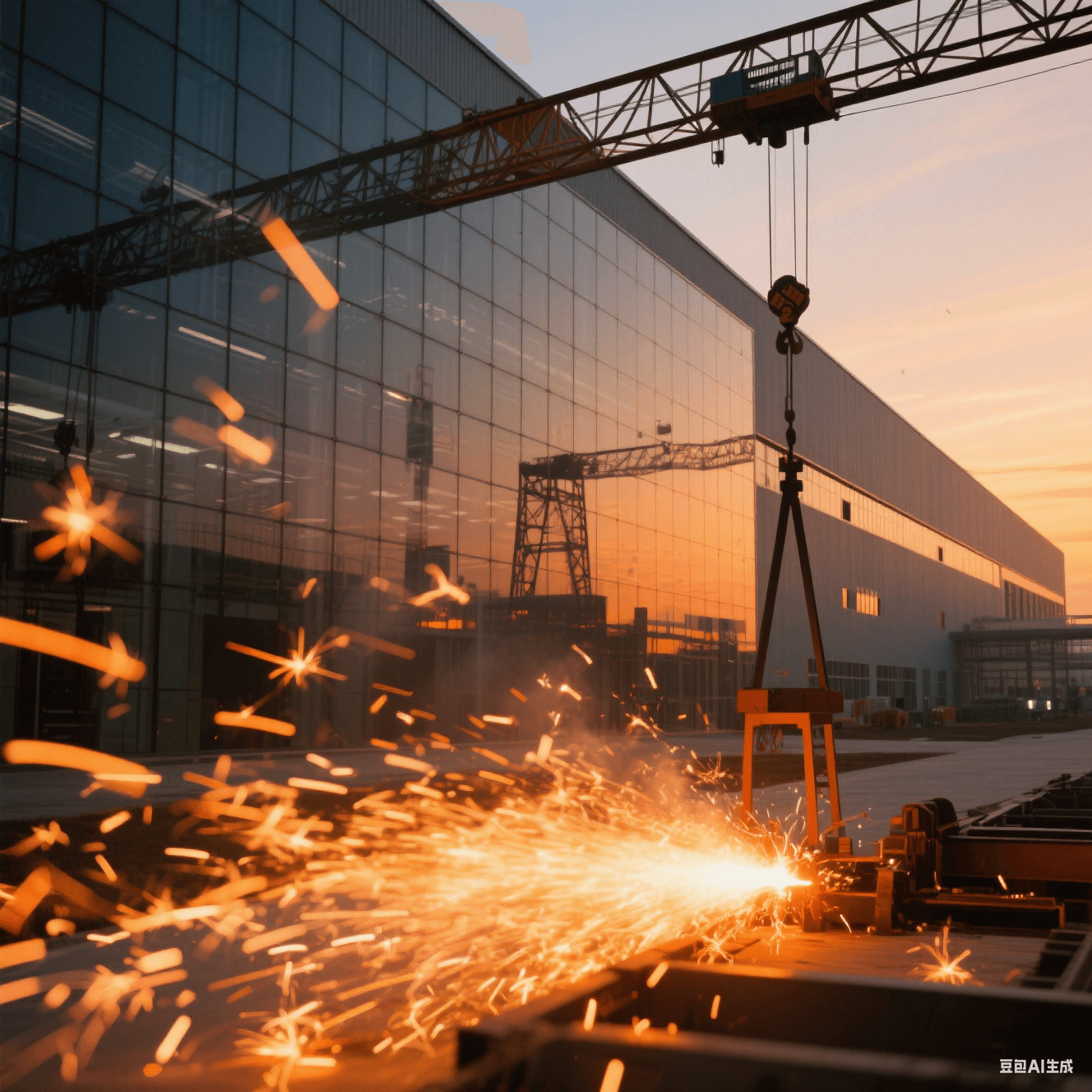 晶圓廠全景，玻璃幕墻映出擴產(chǎn)基地輪廓，吊車剪影與橙色焊光交錯