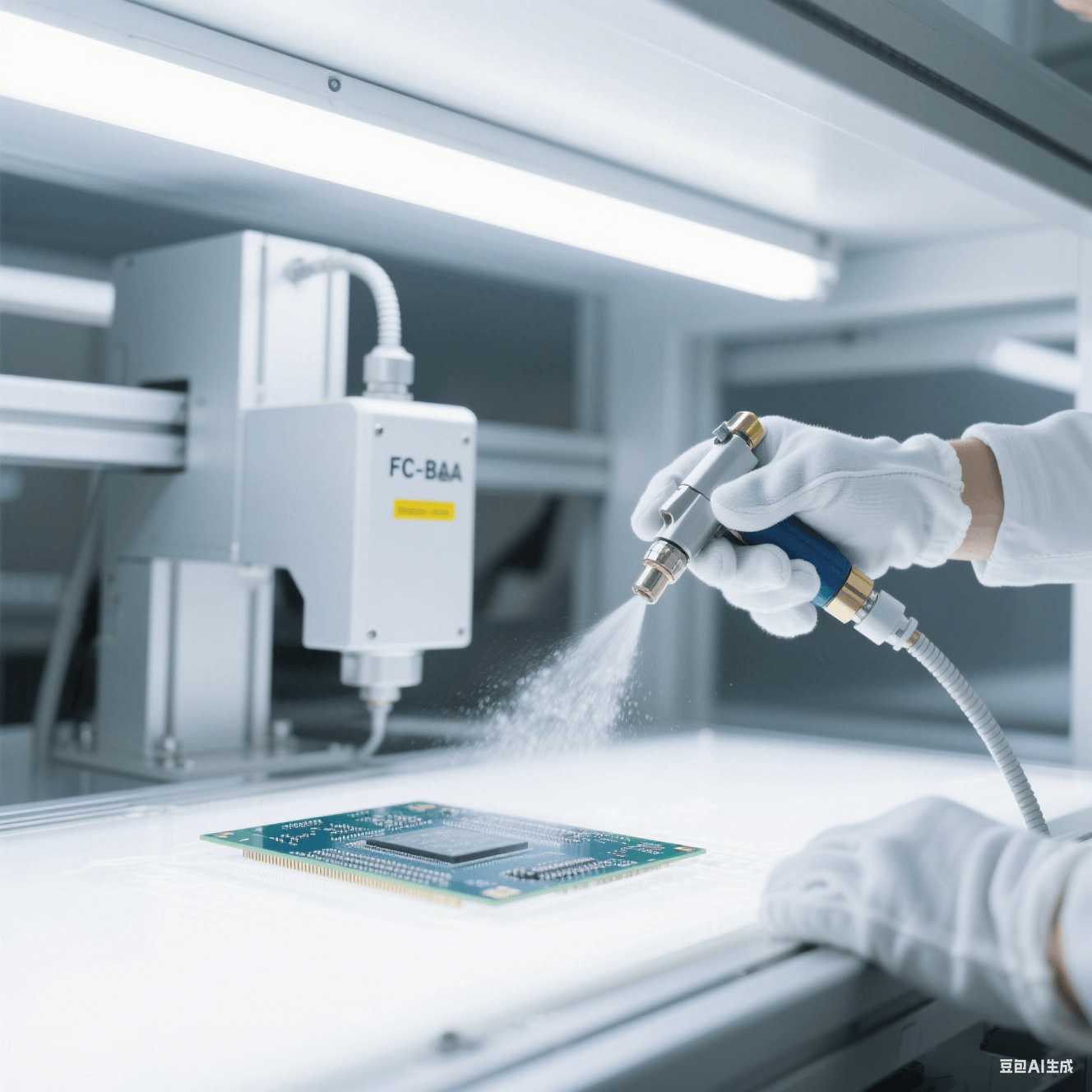 納米級(jí)清潔處理中的 FC-BGA 基板：基板置于超凈工作臺(tái)，清潔設(shè)備噴頭噴出細(xì)小液霧，工作人員戴專業(yè)手套操作，場(chǎng)景在白色潔凈燈光下，凸顯精細(xì)專業(yè)的清潔氛圍。
