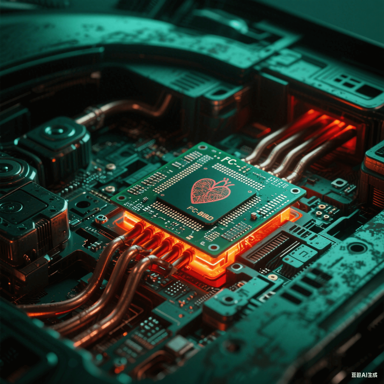 智能汽車電子艙透視視角，F(xiàn)C-BGA基板如心臟跳動，散熱銅管泛紅橙光暈