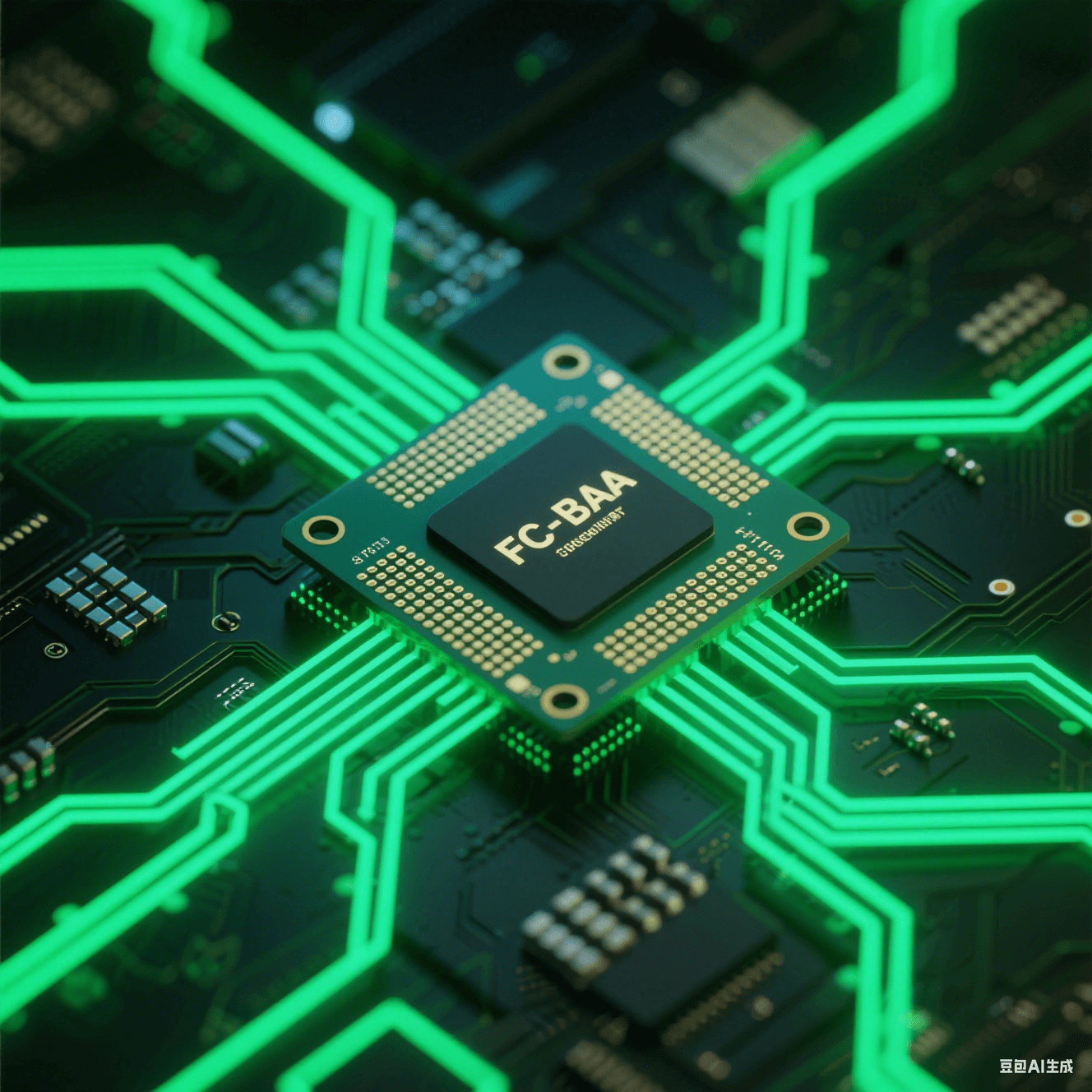 FC-BGA 基板與新型電路板集成特寫：兩者緊密連接，線路交錯(cuò)有序，新型電路板外觀獨(dú)特，在綠色科技光線下，展現(xiàn)集成的創(chuàng)新性與科技感。