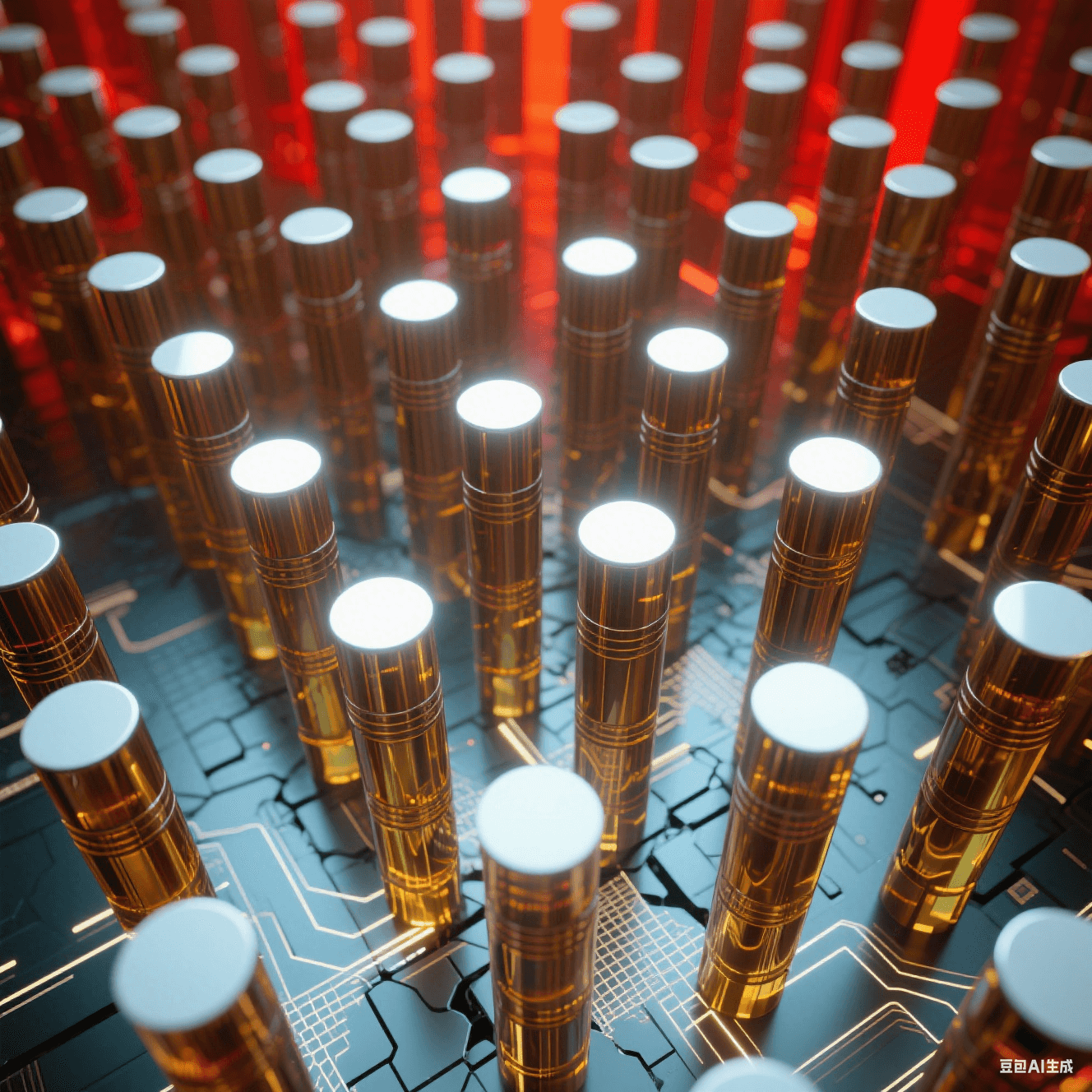 數(shù)百根青銅色圓柱從透明琥珀基材中破壁而出，柱頂平面反射環(huán)境光形成白色高光點(diǎn)。柱體側(cè)壁有精密車削紋理，背景虛化為熾紅色熱成像色塊，底部隱約透出網(wǎng)狀電路熒光。