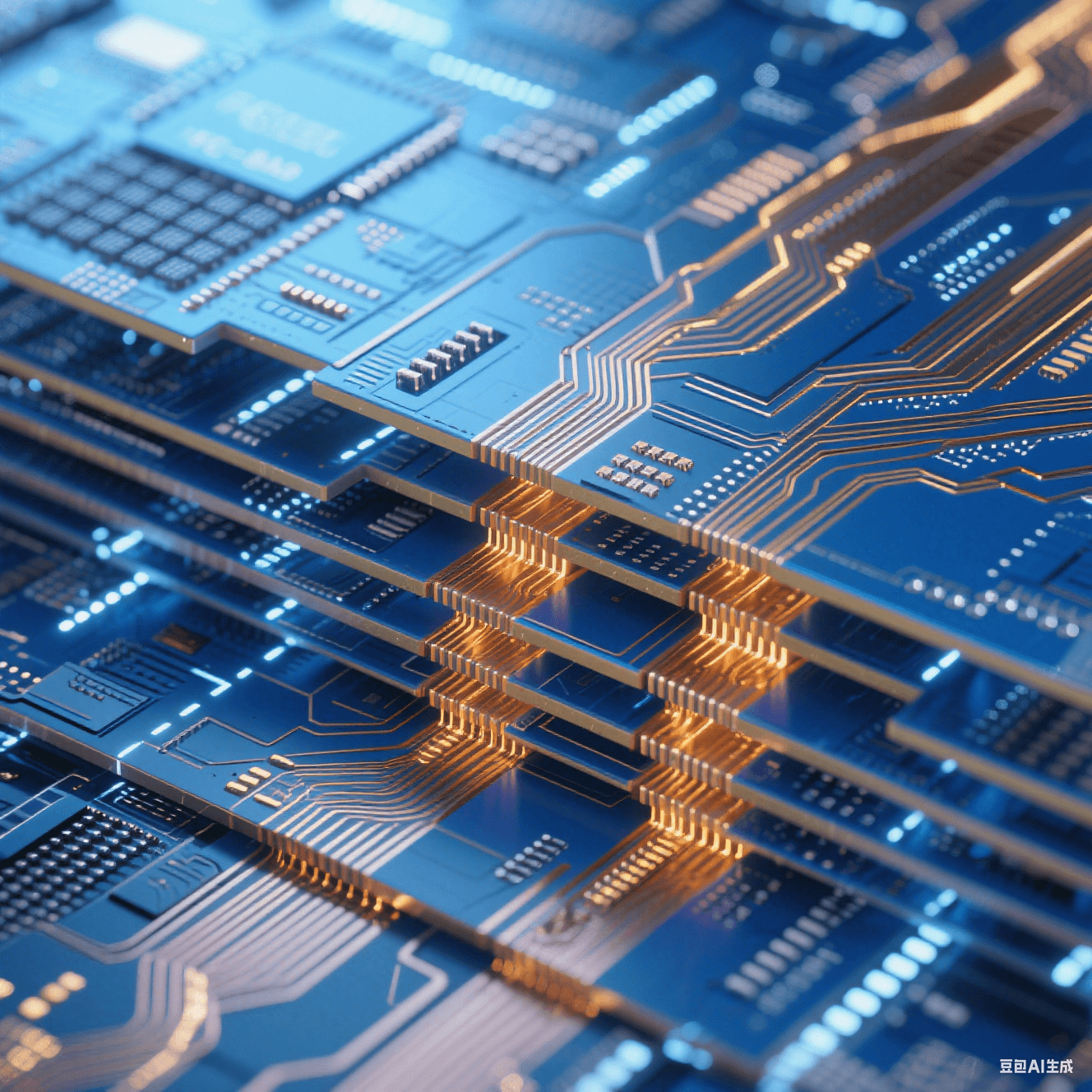 FC-BGA基板拋光剖面放大圖，呈現(xiàn)數(shù)十層藍(lán)金色交替的平行線路。絕緣層如深海藍(lán)寶石，銅線路如熔金河流，微孔通道貫穿層間形成垂直光柱。整體散發(fā)科幻感冷白光，邊緣有精密切割反光。