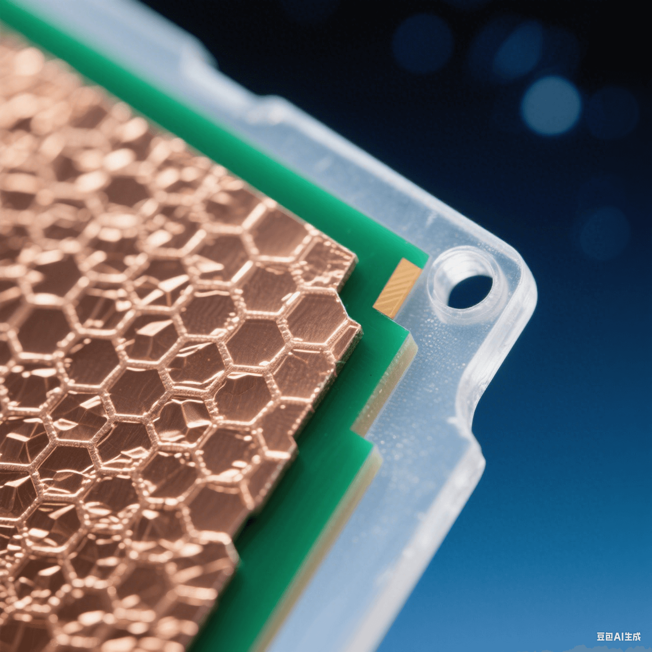 無鹵素基板銅箔結合界面微觀特寫：淺金色銅晶體與深綠色樹脂形成蜂巢結構，冷金屬光澤與啞光聚合物對比，頂光下銀白光暈穿透半透明磨砂層