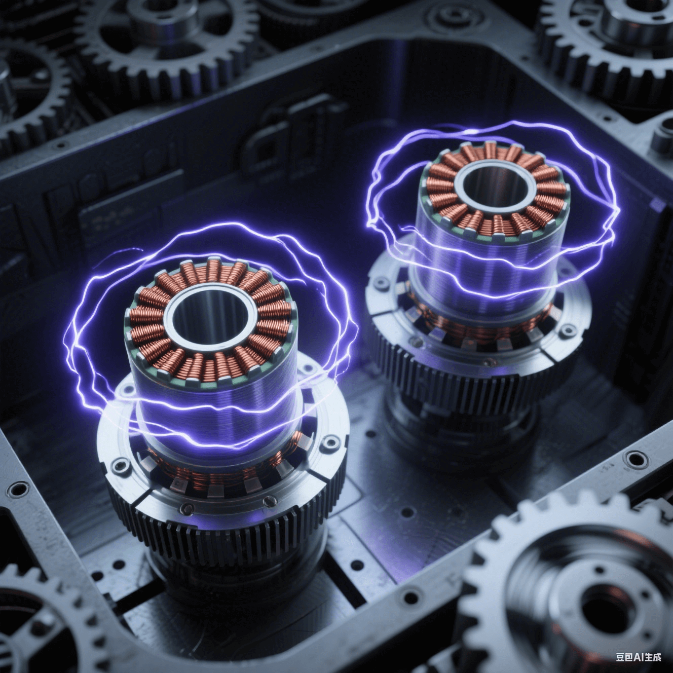 深灰機(jī)床腔體內(nèi)的PCB 線圈板諧振供電系統(tǒng)，兩枚同心銅線圈懸浮，初級(jí)線圈帶散熱鰭片，次級(jí)線圈旋轉(zhuǎn)形成殘影光環(huán)，間隙躍動(dòng)藍(lán)紫電弧，電磁場(chǎng)呈靛藍(lán)漩渦狀包裹設(shè)備。