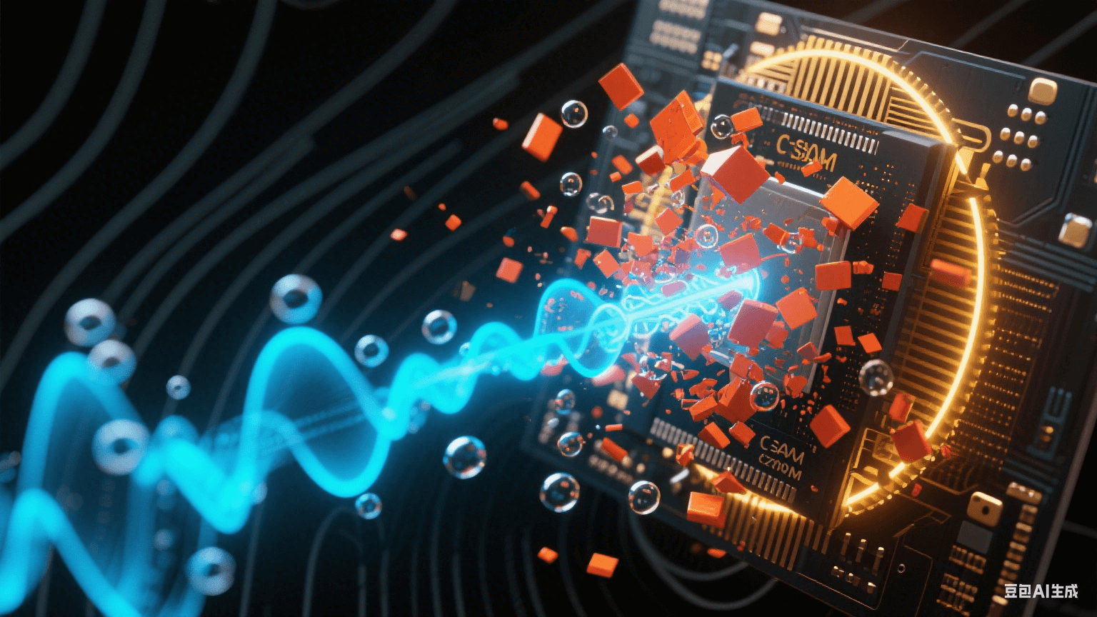 抽象聲波場(chǎng)：藍(lán)色超聲波束穿透PCB層壓結(jié)構(gòu)，橙紅氣泡群碎裂成微粒后被金色共振環(huán)溶解，黑色基材表面浮現(xiàn)聲波干涉紋