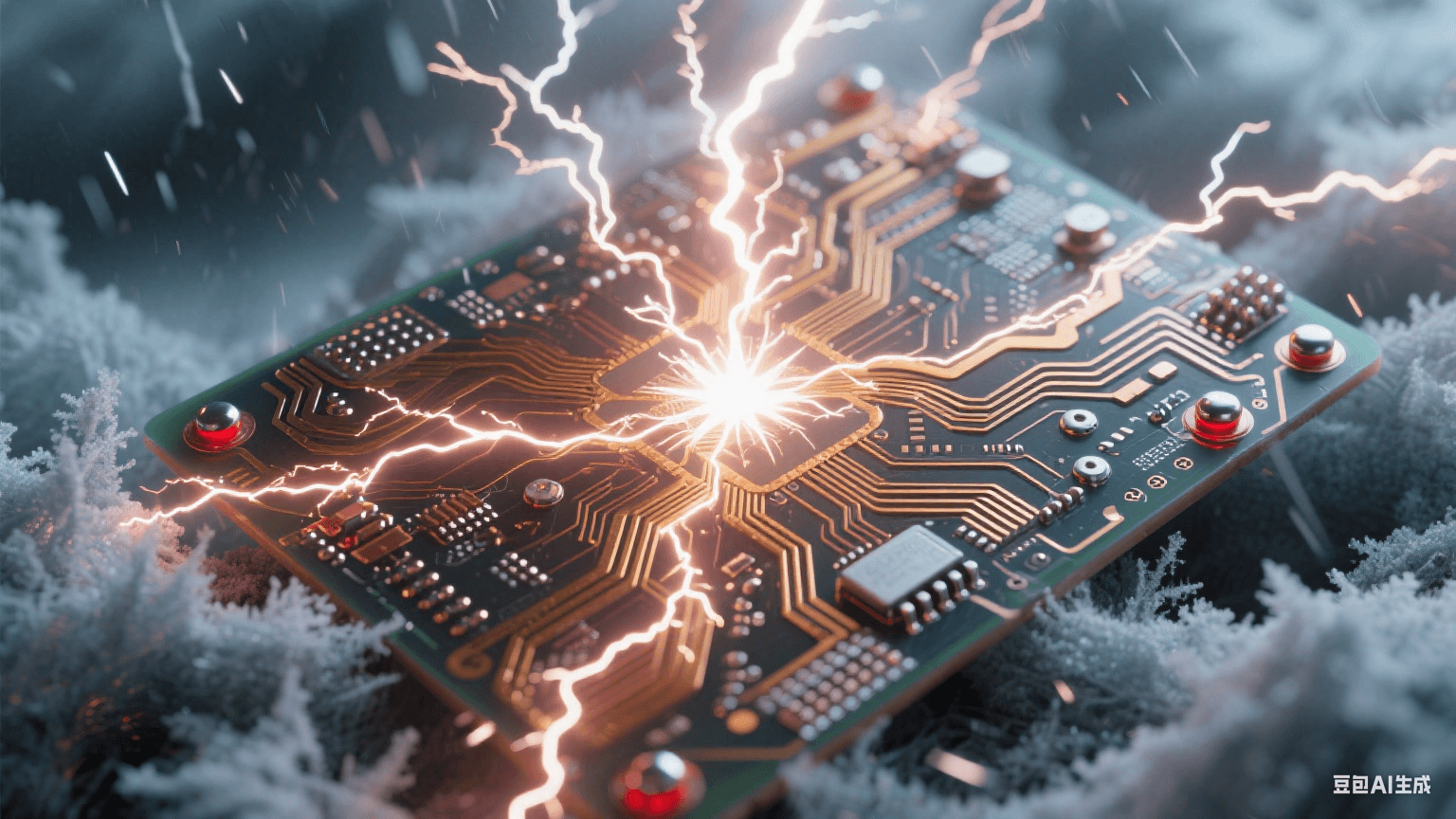 冰風(fēng)暴中的除顫器電路：樹狀金色電弧貫穿覆霜基板，星爆白光點(diǎn)亮冗余切換點(diǎn)，液態(tài)納米焊珠在-40℃環(huán)境中流動(dòng)，紅色應(yīng)急微光穿透玻璃纖維織構(gòu)