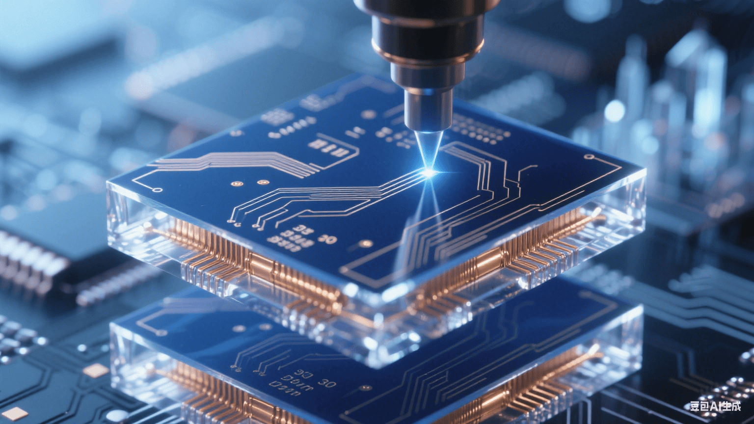 紫外激光束在深藍感光層繪制30μm線寬精密電路，鎏金銅線側(cè)壁呈85°陡直切面，邊緣反射冷白光，背景中多層電路板如水晶城懸浮