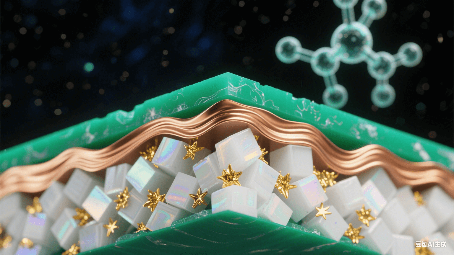 納米級(jí)高頻材料橫截面顯微圖，陶瓷填充PTFE基材形成翡翠綠與珍珠白晶體，黃金色導(dǎo)電粒子如星云散布，覆銅層呈熔金流體質(zhì)感，熱應(yīng)力波紋以虹彩漣漪呈現(xiàn)，背景懸浮柔光分子結(jié)構(gòu)模型