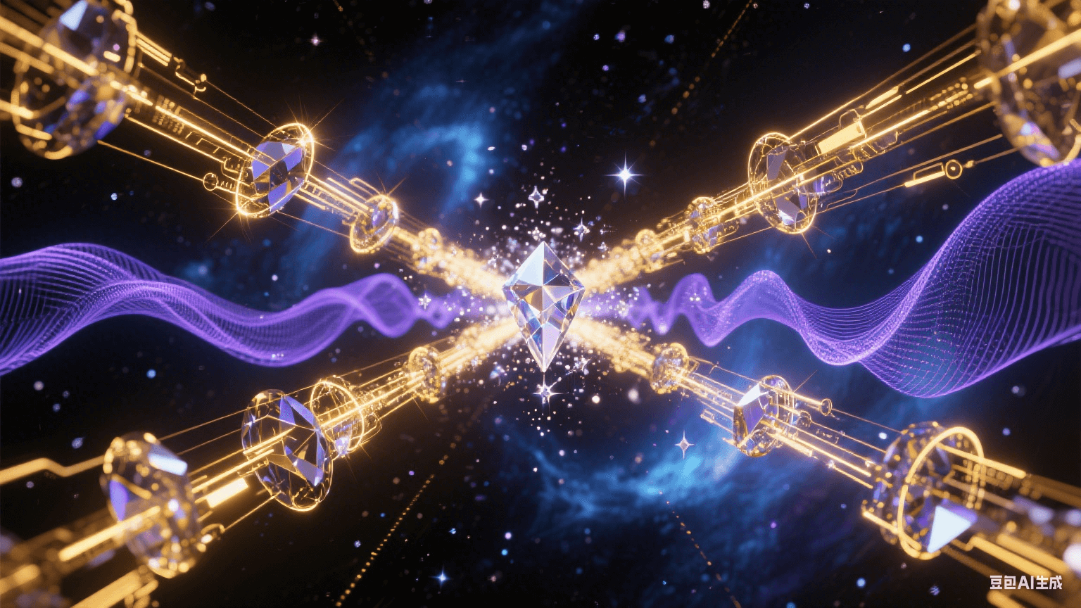 相位穩(wěn)定抽象科技藝術(shù)：水晶狀信號(hào)波束在暗宇宙精準(zhǔn)同步，黃金色電磁軌道平行延伸，藍(lán)紫色相位波紋穩(wěn)定擴(kuò)散，背景為量子藍(lán)與暗物質(zhì)黑漸變星云，光束交匯處有鉆石星塵特效