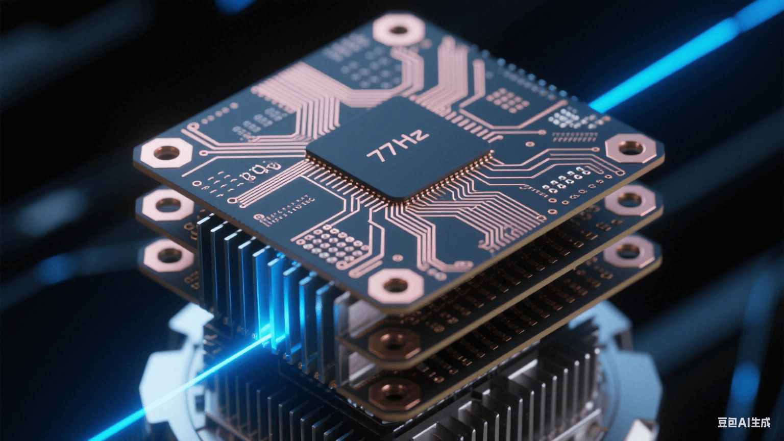 汽車毫米波雷達(dá)核心剖面特寫，77GHz高頻電路板立體分層如晶簇，玫瑰金色銅箔嵌入墨玉色基材，幽藍(lán)激光束動(dòng)態(tài)顯示信號(hào)路徑，散熱鰭片泛冷銀光澤，背景為深空黑與量子藍(lán)漸變，過(guò)孔呈蜂巢狀幾何結(jié)構(gòu)