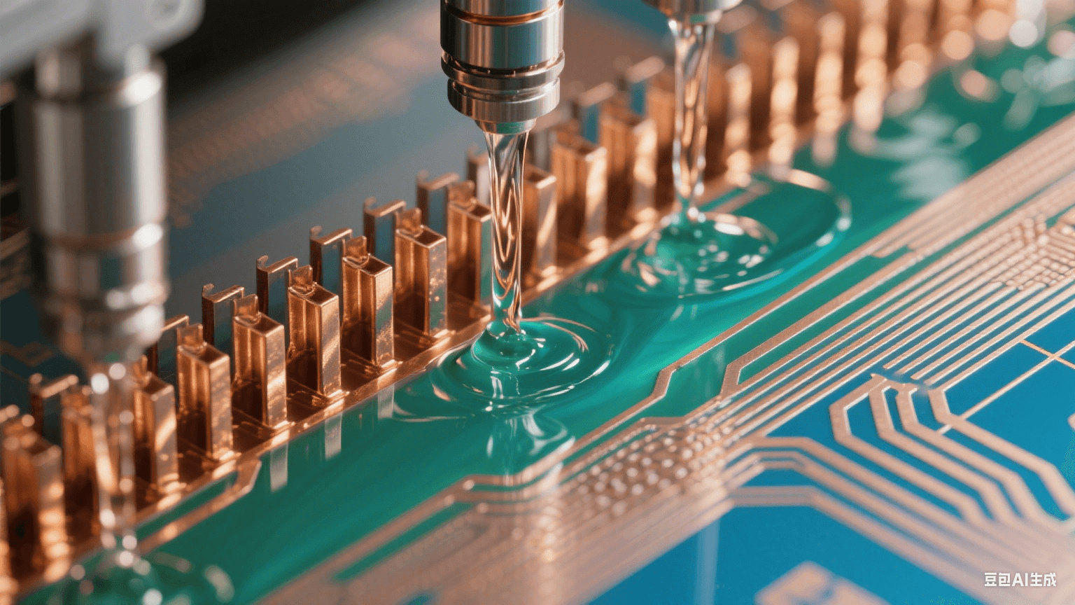 弱堿性蝕刻液流經(jīng)銅箔形成藍綠漸變流體場，微噴淋系統(tǒng)雕刻鏡面般金屬紋理（Ra≤0.1μm），顯微視角展現(xiàn)無鼠咬缺陷的熔金質(zhì)線路輪廓
