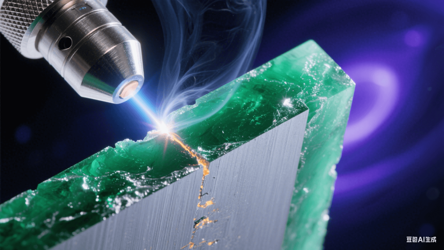 紫外激光束切割翡翠綠高頻基材，熔融邊緣泛水晶光澤，截面顯微視角顯示分子級光滑表面（Ra≤0.3μm），氮氣冷卻流吹散煙塵，深空背景中藍紫光斑與金屬冷光交織