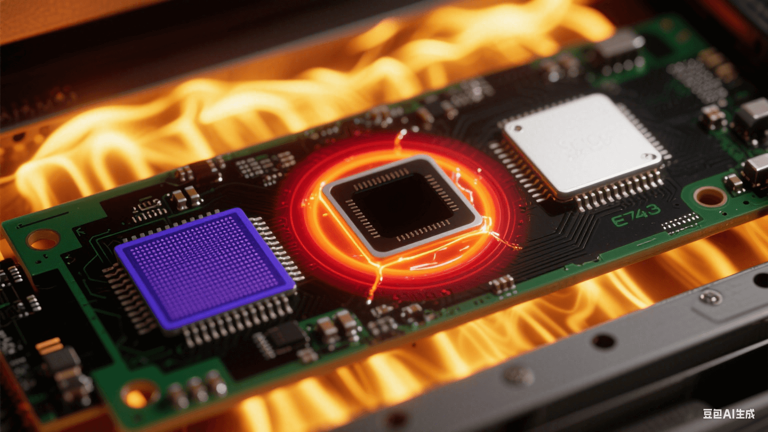 回流焊中 BGA 芯片三大缺陷熱成像：左下角虛焊（深藍低溫區(qū)）、右上角橋連（白熾熔融焊料）、中心空洞（紅黑環(huán)形熱梯度）