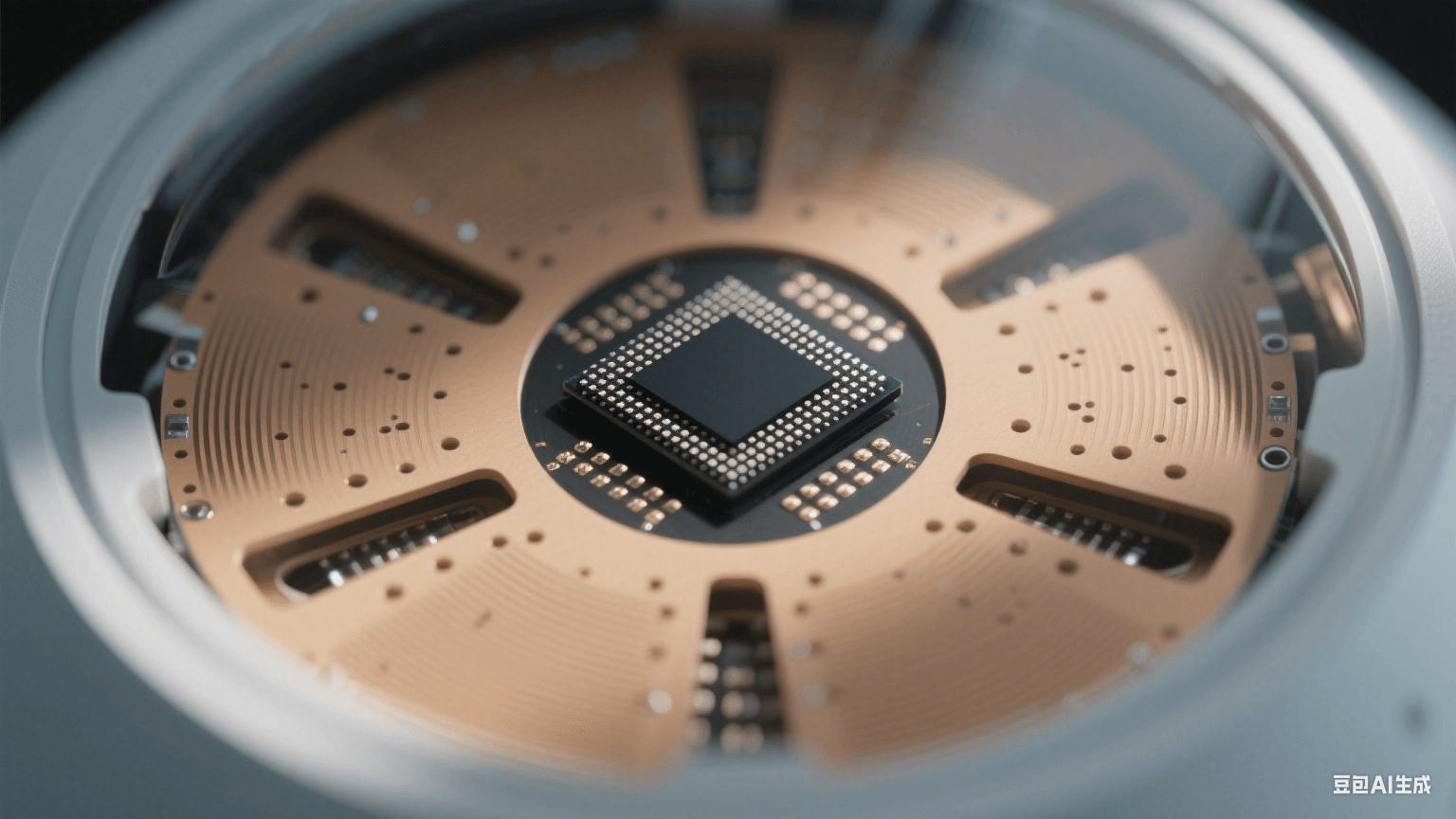 自動(dòng)駕駛雷達(dá)內(nèi)部結(jié)構(gòu)：圓形主板中央有黑色芯片，周圍是淺棕色介質(zhì)波導(dǎo)（金屬過孔點(diǎn)陣如網(wǎng)格）