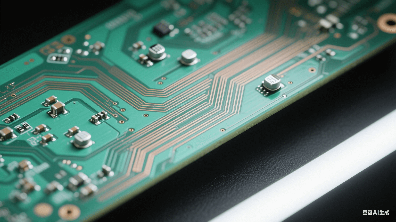 高性能計(jì)算芯片 PCB 板細(xì)節(jié)：淡綠色板體布滿纖細(xì)銅色差分傳輸線（轉(zhuǎn)折平滑）