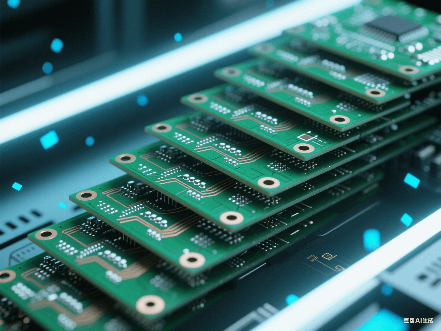 5G 基站內(nèi)部電路板局部，多塊 PCB 階梯狀堆疊，帶銀白色焊點(diǎn)與銅色走線，冷光下顯科技感