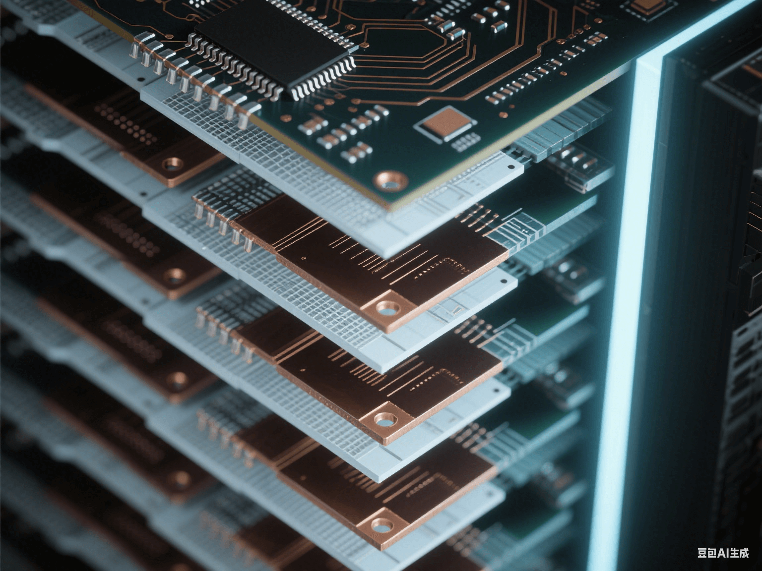 工業(yè)控制設(shè)備多層 PCB 垂直截面，8 層深淺交替結(jié)構(gòu)，帶傾斜金屬化通孔，冷光下顯工業(yè)科技氛圍