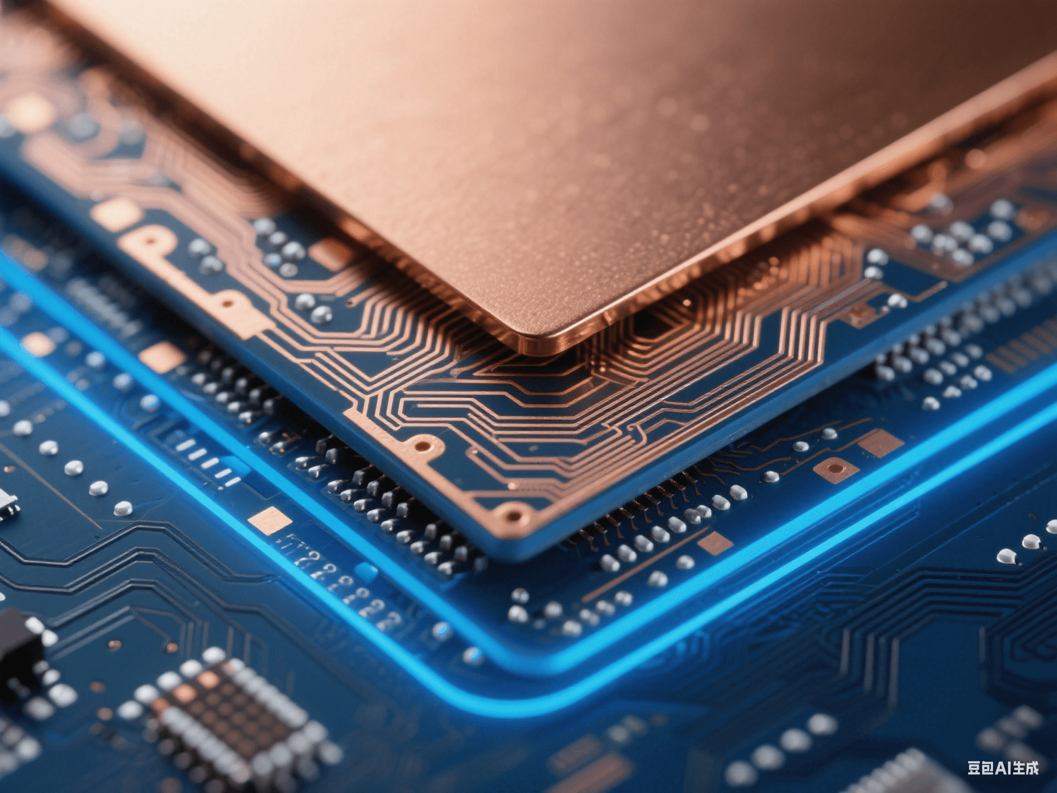 高速電路 PCB 信號(hào)層與電源層疊合，銅層帶細(xì)密走線，藍(lán)色背光下邊緣發(fā)光，顯層間結(jié)構(gòu)