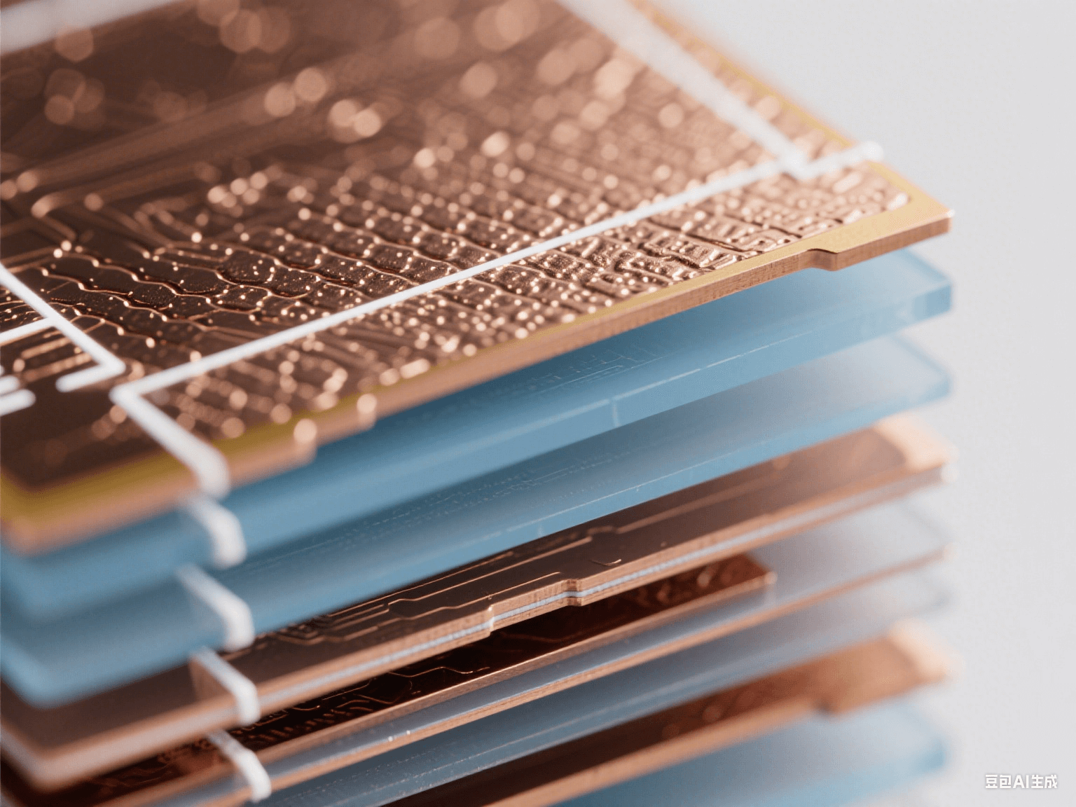 顯微鏡下 PCB 疊層細(xì)節(jié)，銅箔帶納米紋理，淡藍(lán)色半透明介質(zhì)層，頂光下顯微觀精密結(jié)構(gòu)