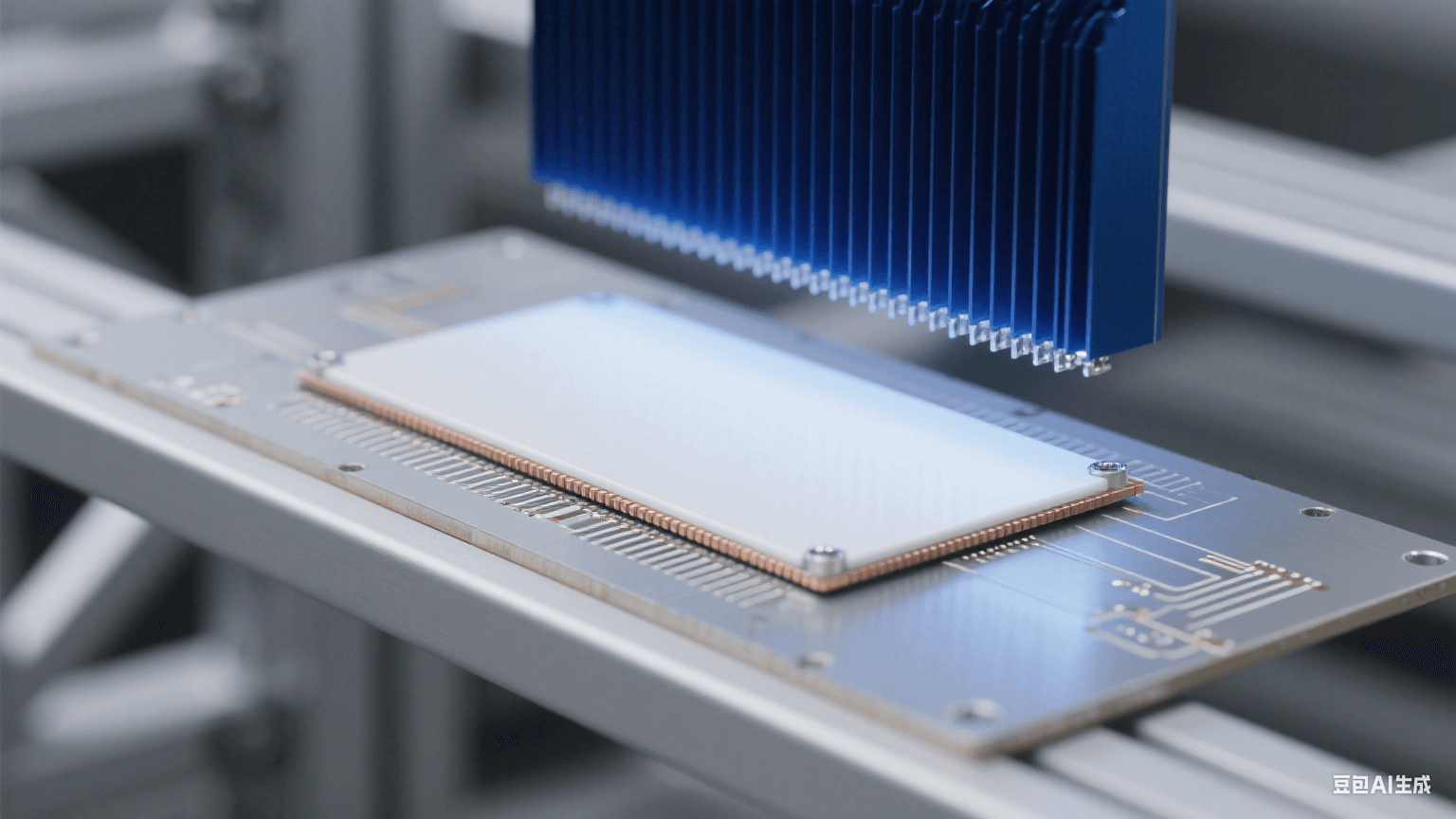 銀灰色鋁基板水平放置，表面覆白色陶瓷層，邊緣露出 0.5mm 銅箔線路；上方 3cm 懸深藍(lán)色散熱片，間有銀色導(dǎo)熱膏，頂部冷藍(lán)光形成銳利邊緣陰影