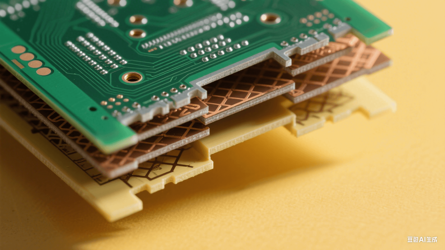 45° 傾斜多層 PCB，頂層深綠基板有 0.1mm 微孔（銀灰色金屬孔壁），中間層棕色半固化片埋孔與交錯(cuò)銅箔網(wǎng)格，底層淺黃 FR-4 形成色彩對(duì)比，左側(cè)暖黃側(cè)光在層間投細(xì)長陰影