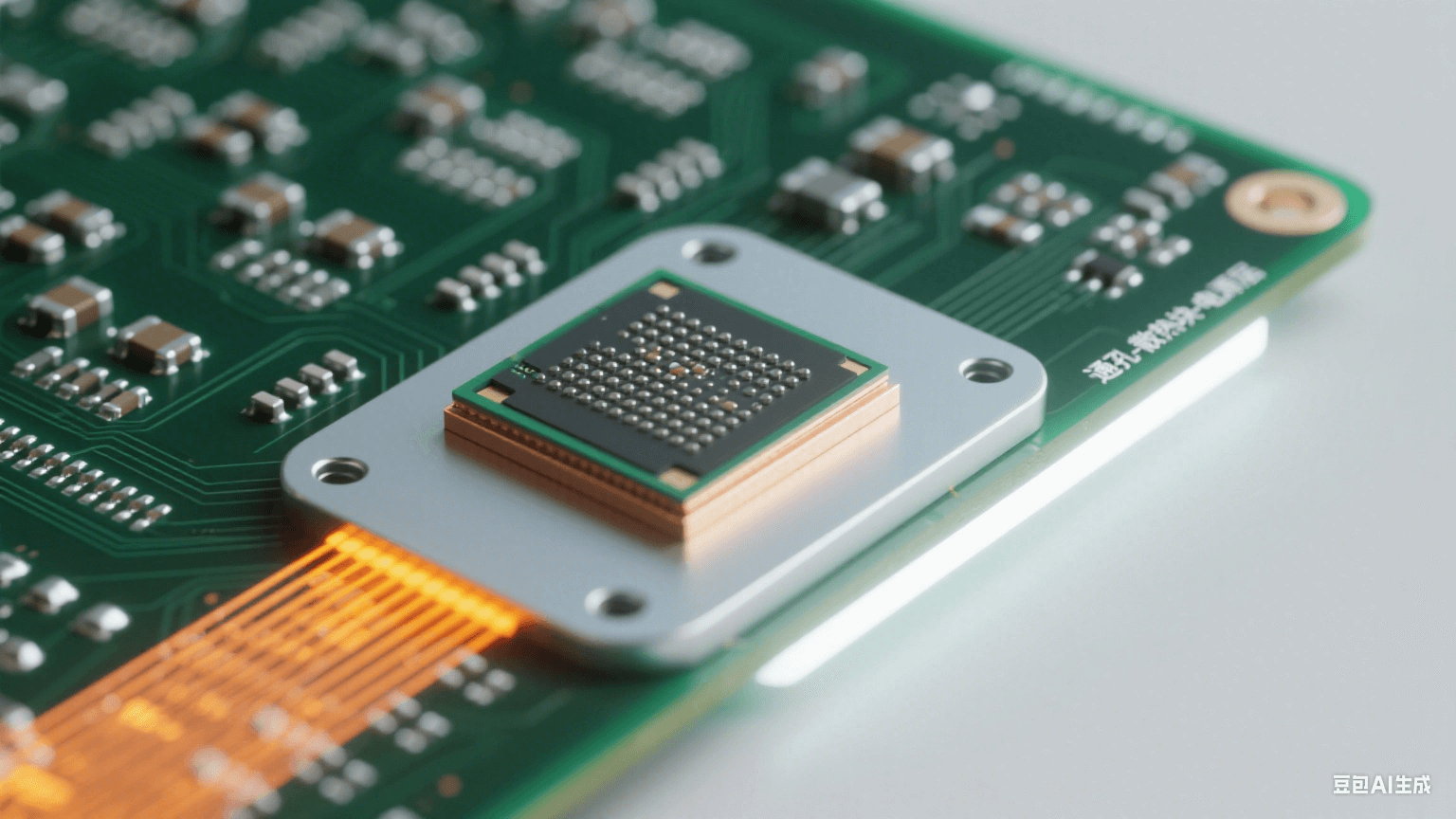 散熱設(shè)計(jì)細(xì)節(jié)：雷達(dá)板芯片區(qū)域特寫(xiě)，深綠基板上有銀灰色散熱通孔陣列（孔內(nèi)填金屬），芯片下淺灰散熱塊與銀白銅質(zhì)電源層相連，橙黃色熱流光效從芯片沿路徑擴(kuò)散，冷白光右側(cè)照射形成高光
