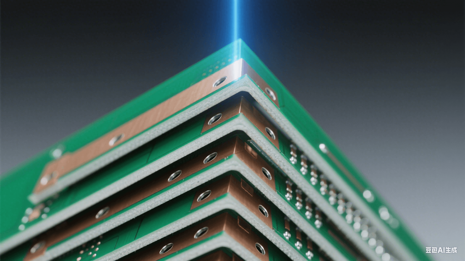 多層 HDI 結(jié)構(gòu)剖面：45° 角展示 8 層堆疊，深綠基板與銀白銅箔交替，層間棕色半固化片填充埋孔 / 盲孔，0.05mm 激光微孔孔壁鍍銀均勻，冷藍(lán)光垂直照射凸顯層間精密對(duì)準(zhǔn)（偏差＜5μm）