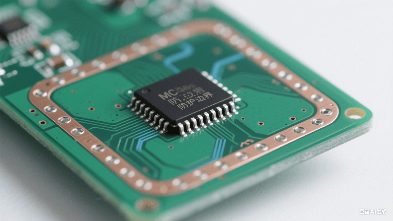 設(shè)計階段靜電防護(hù)：深綠色 PCB 邊緣有裸銅防護(hù)環(huán)與接地過孔，中央芯片引腳與銅皮間距大，短直銀線接地面泛淡藍(lán)光，冷白光照射顯精密