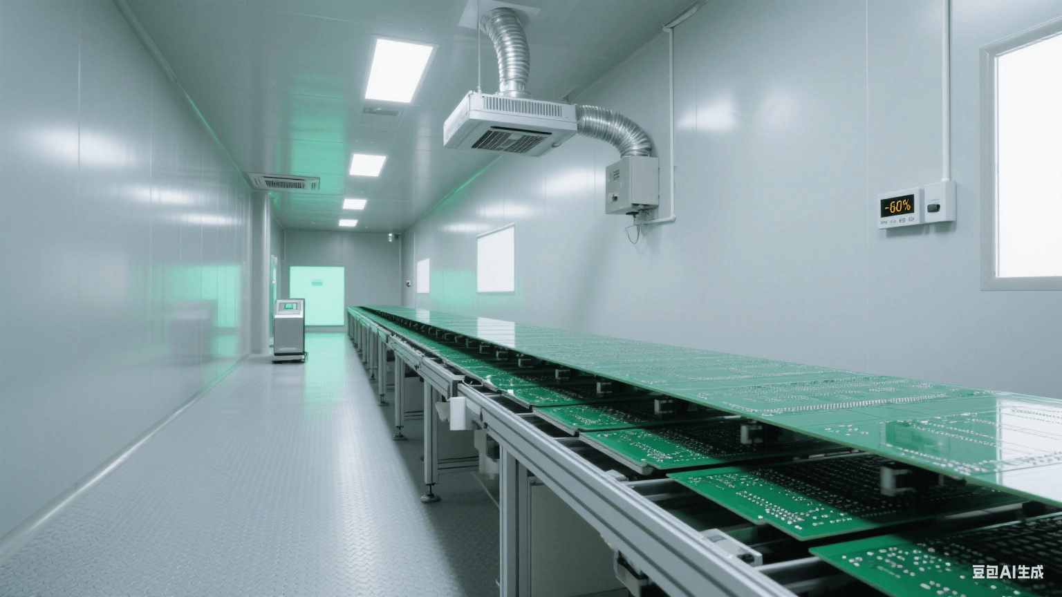 高濕度防靜電：深綠色 PCB 在流水線，頂部銀色除濕裝置吹氣，淺灰防靜電地板，遠(yuǎn)處靜電場計泛綠光，冷灰側(cè)光顯干燥潔凈
