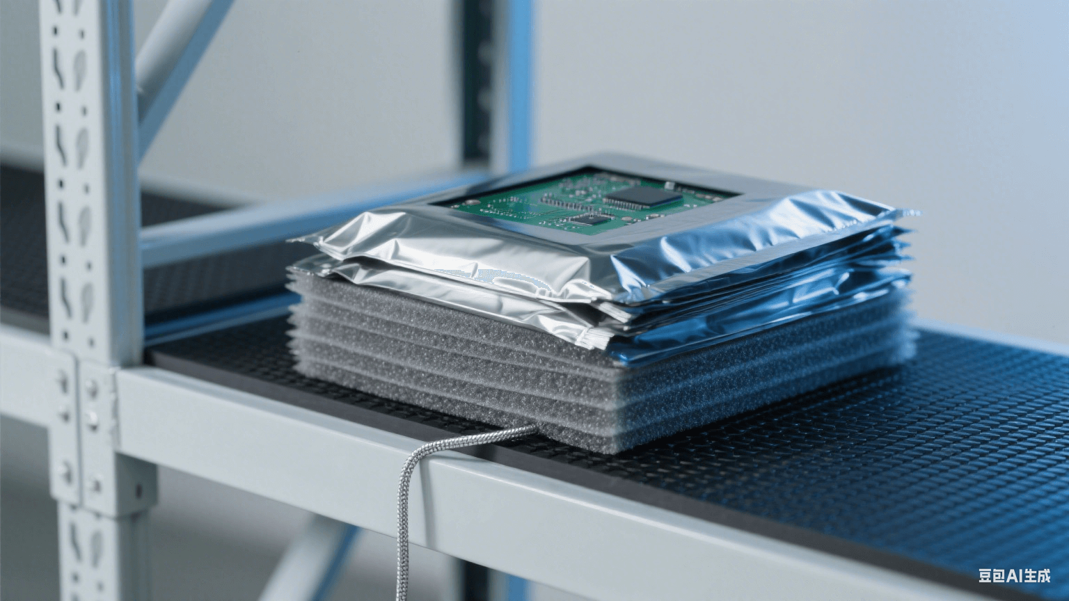 倉儲防靜電包裝：淺灰貨架鋪黑色橡膠墊（連銀色接地線），鍍鋁屏蔽袋包裹 PCB，層間夾灰色珍珠棉，冷藍(lán)光凸顯屏蔽防護(hù)