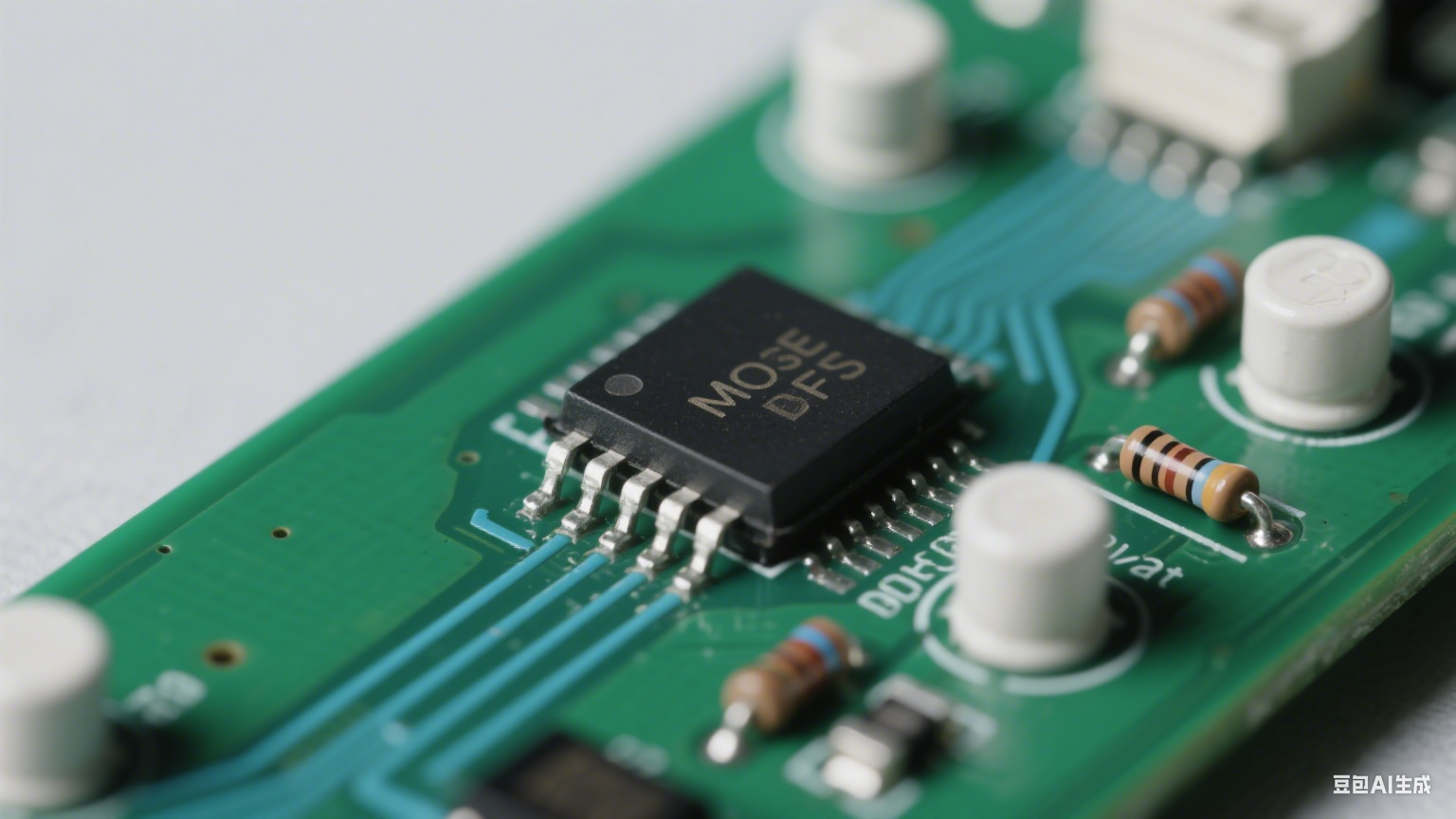 多層 PCB 剖面：深綠基材與銀灰電源 / 接地層交替，超短回路連接 SiC 管與電容，密集鍍銀散熱過(guò)孔，冷白光下顯緊湊高效