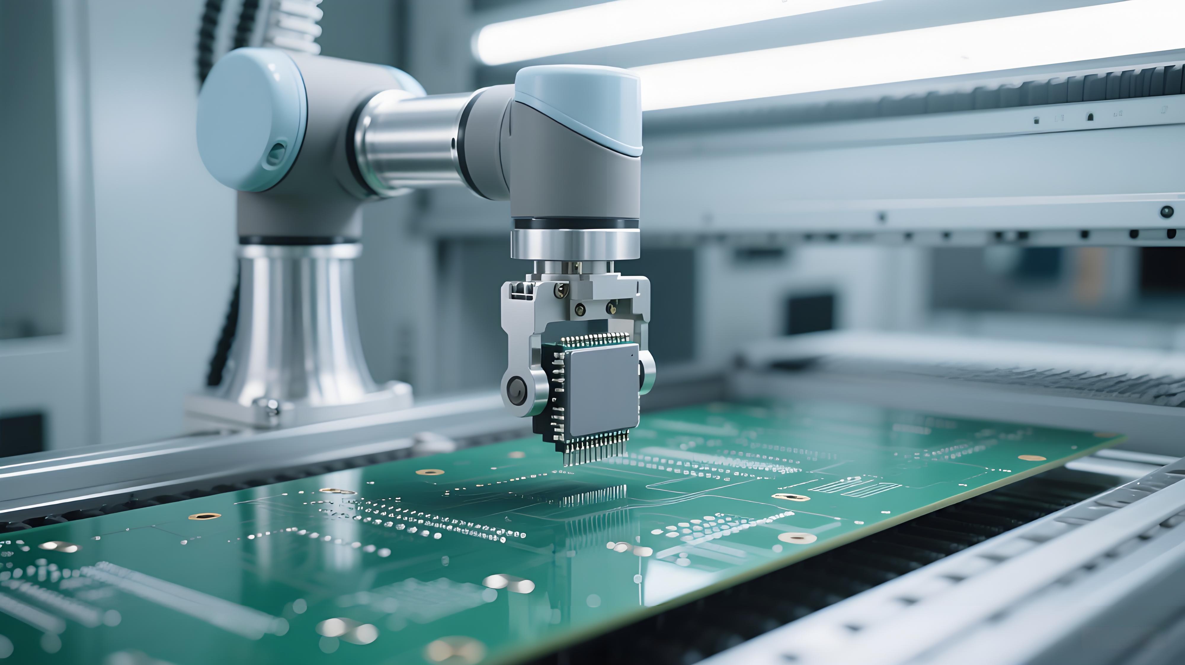 自動(dòng)化插裝系統(tǒng)中機(jī)械臂為PCB板安裝電子元件的場(chǎng)景