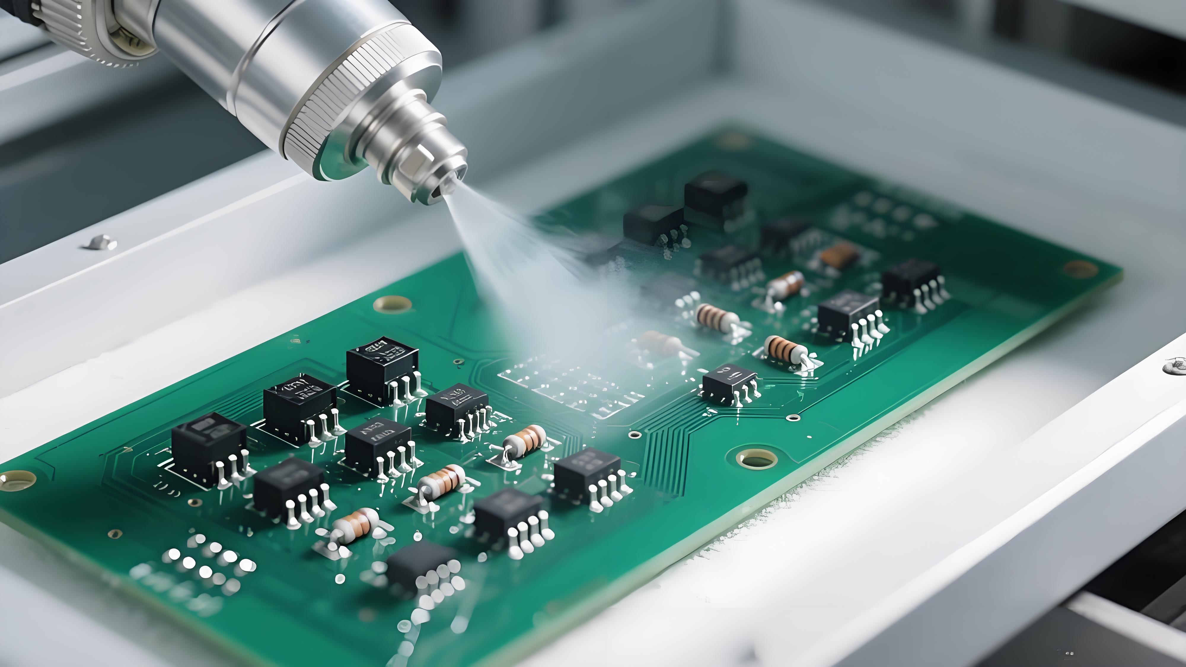 THT元件三防涂覆過(guò)程中噴嘴噴涂防護(hù)涂層的特寫