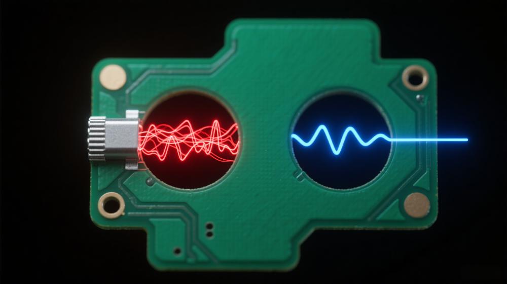 PCB通孔Stub諧振影響可視化 紅色反射信號與藍(lán)色順暢信號對比