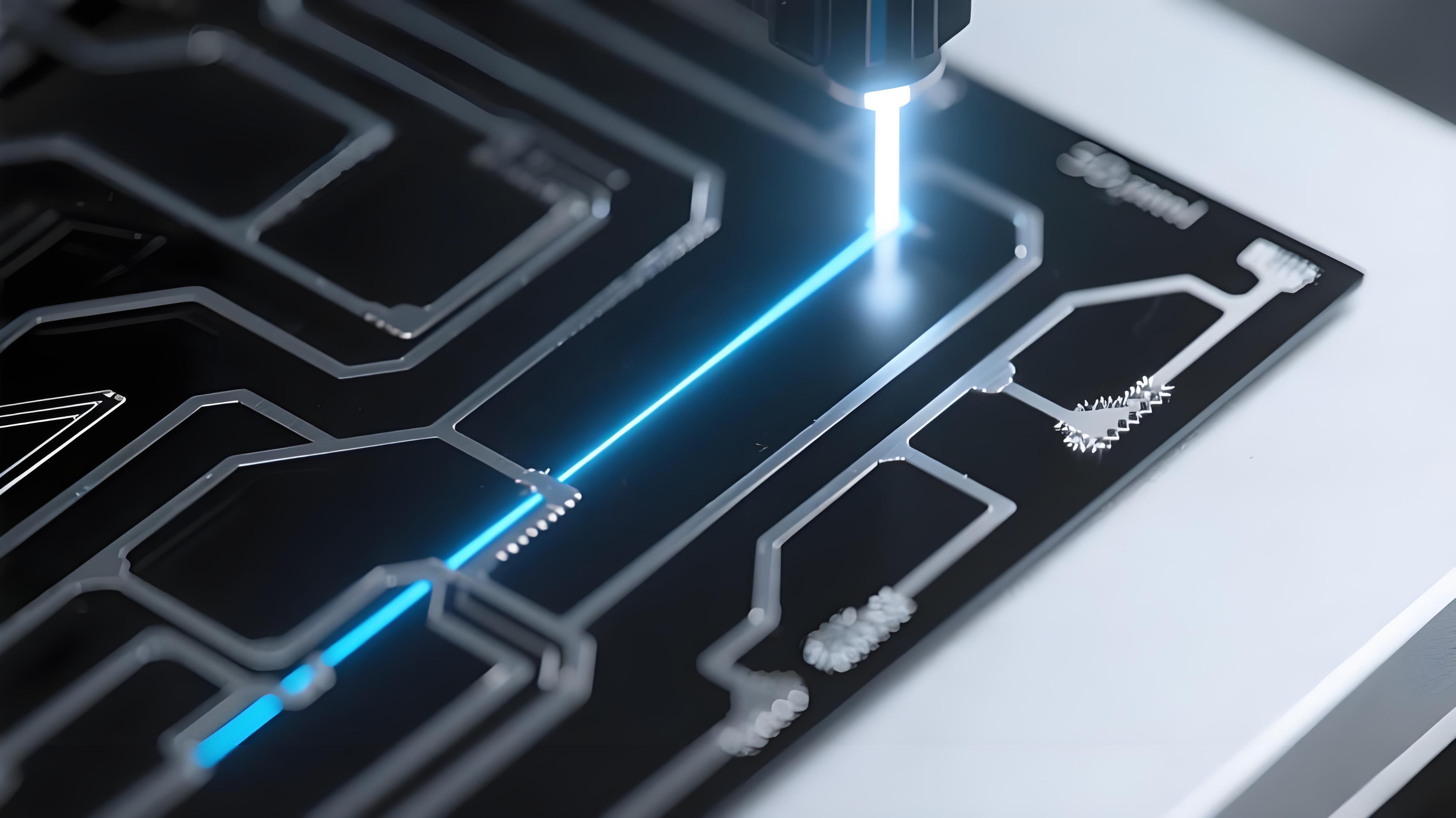 3D-MID 激光活化金屬化過程 淡藍(lán)色激光束 深綠色塑料基材 銀色金屬化軌跡 回流焊前預(yù)處理