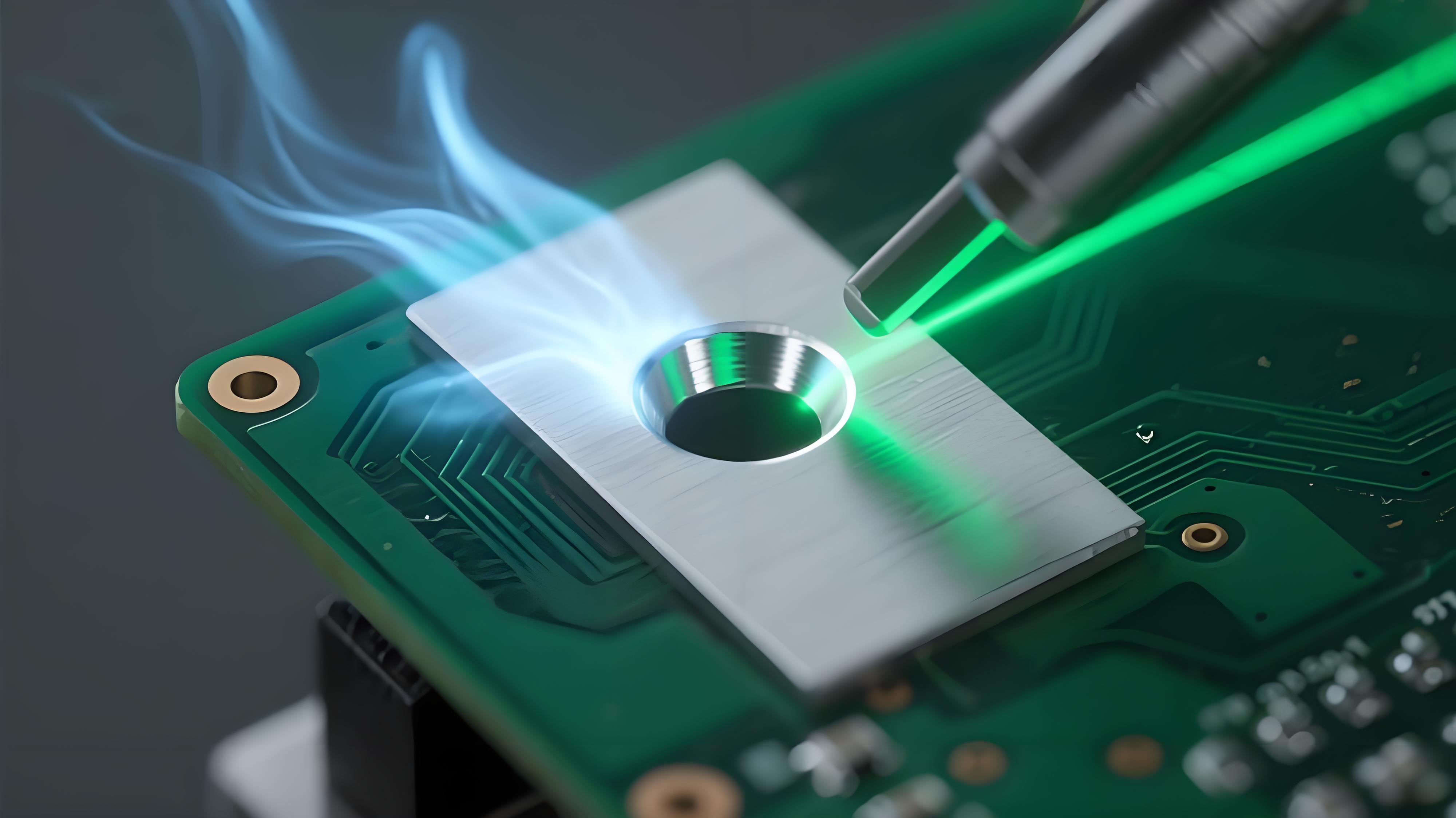 激光焊錫匙孔動態(tài)形成過程 紅色激光束聚焦 銀色液態(tài)焊料匙孔 深綠色 PCB 焊盤熱效應(yīng)