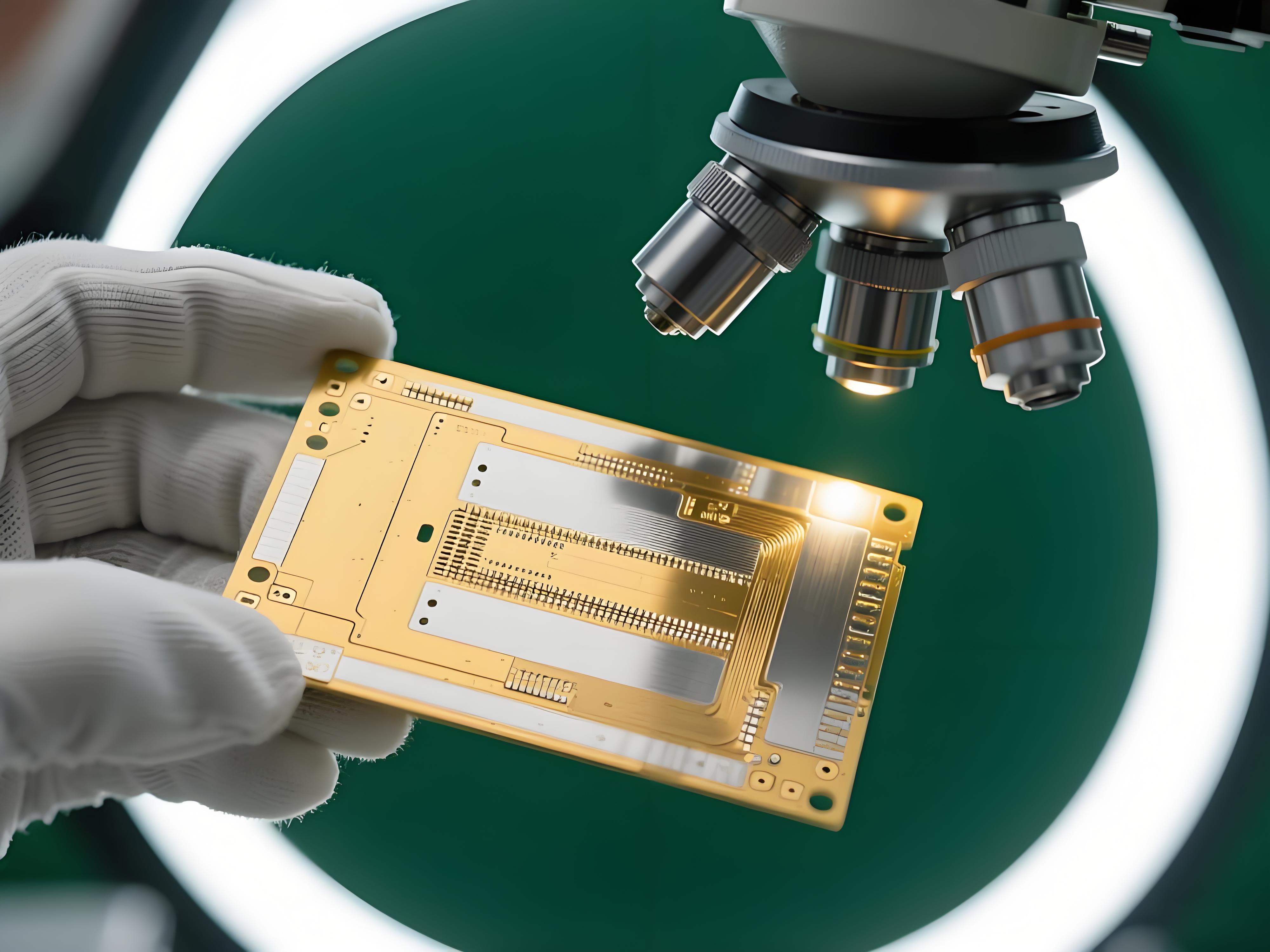 ENIG化金板質量控制檢查場景，展示顯微鏡下的金屬鍍層細節(jié)