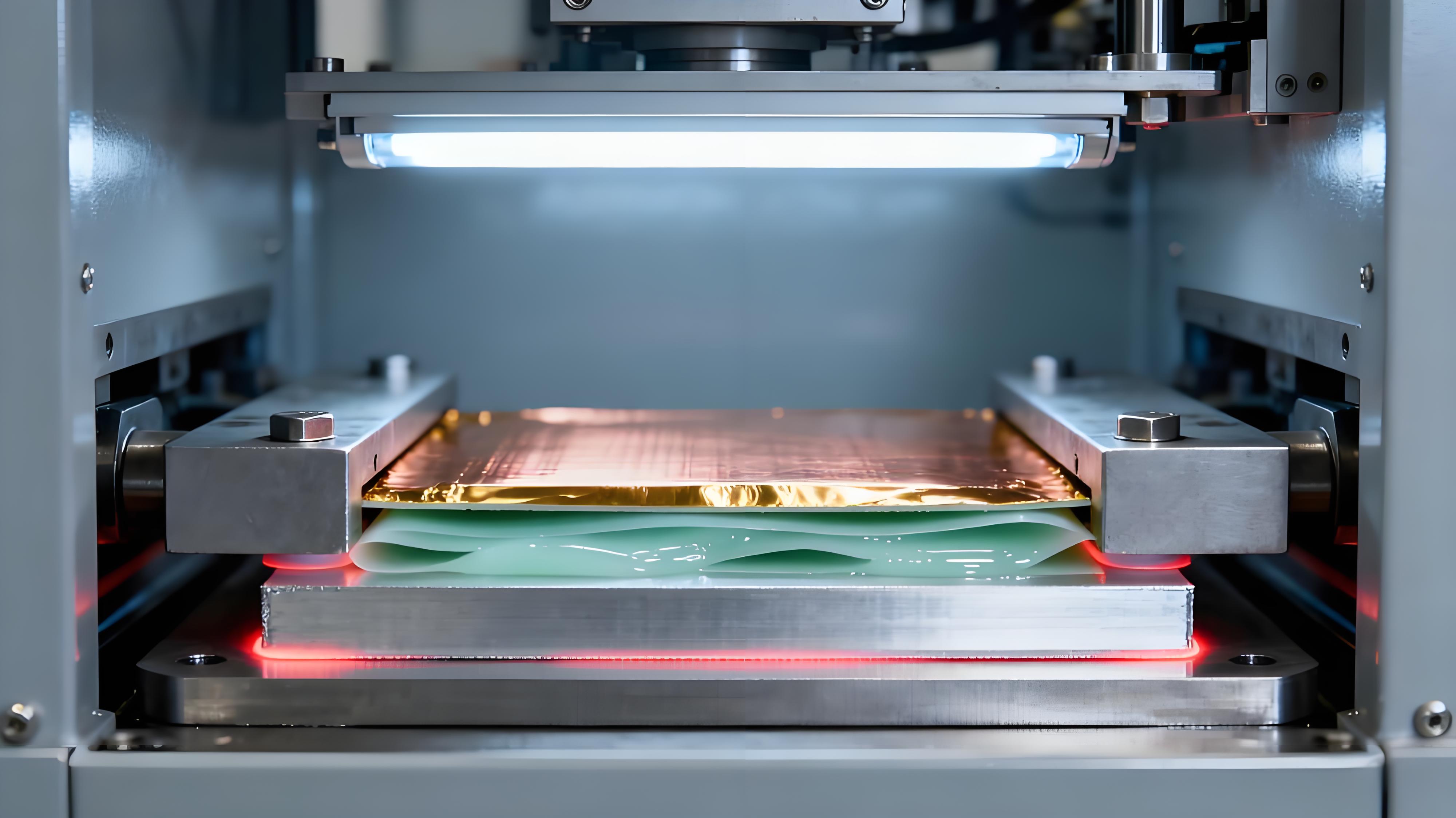 鋁基板絕緣層壓合工藝場(chǎng)景，銅箔、導(dǎo)熱絕緣膠膜與鋁板在高溫高壓下緊密貼合