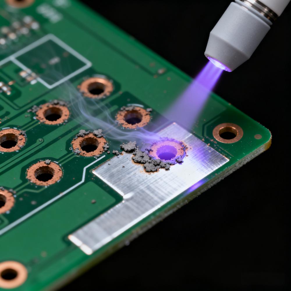 激光鉆孔后等離子清洗微盲孔除膠渣場(chǎng)景，淡紫色等離子體去除孔壁碳化殘留