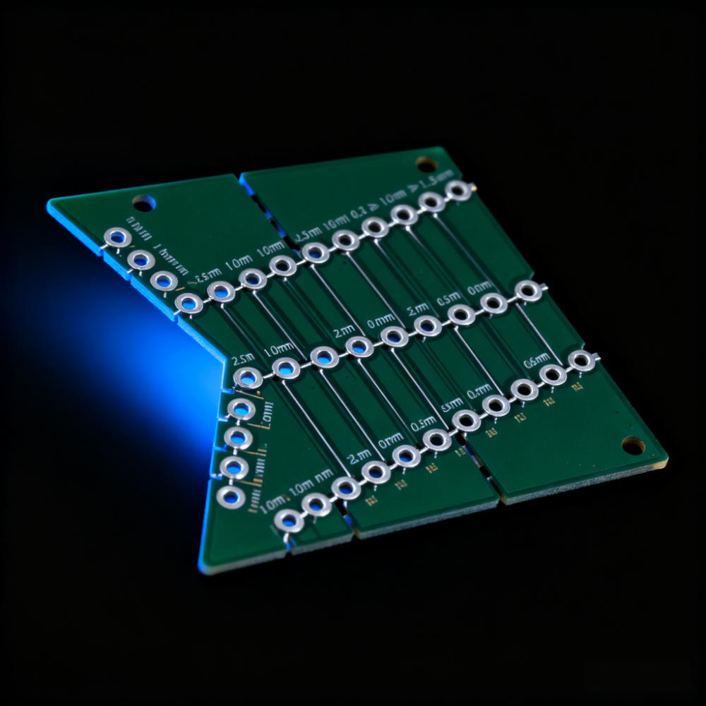 PCB異形拼板郵票孔連接特寫，1.0mm孔徑+2.5mm孔間距，連接筋寬度0.6mm遠(yuǎn)離BGA焊盤