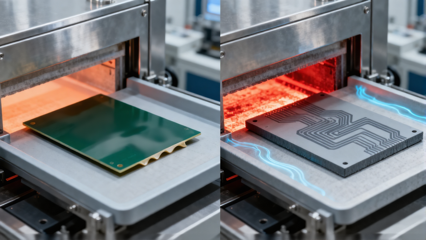 LTCC與HTCC燒結工藝對比場景，850-900℃淡橙色光適配銀漿線路，1600-1800℃深紅色光適配鎢漿線路