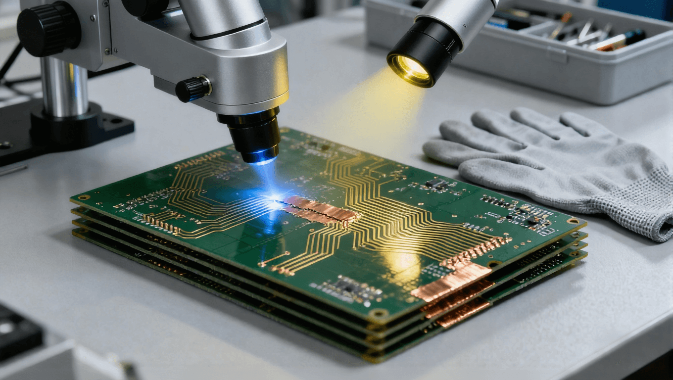 PCB 線路缺陷激光修復(fù)場景，淡藍(lán)色微光束微米級切除多余銅箔修復(fù)短路