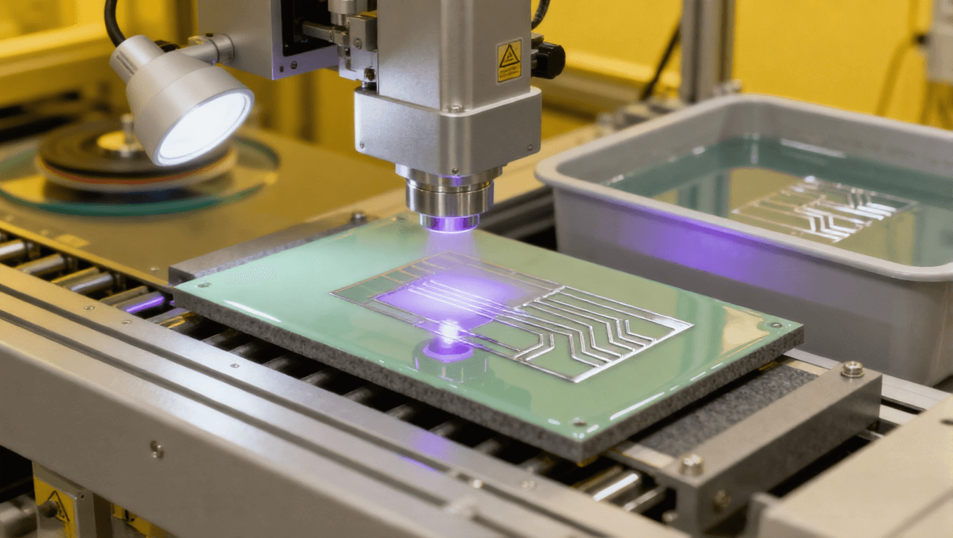 陶瓷板光刻圖形化場(chǎng)景，紫外曝光 + 顯影液露出銀色銅種子層圖形