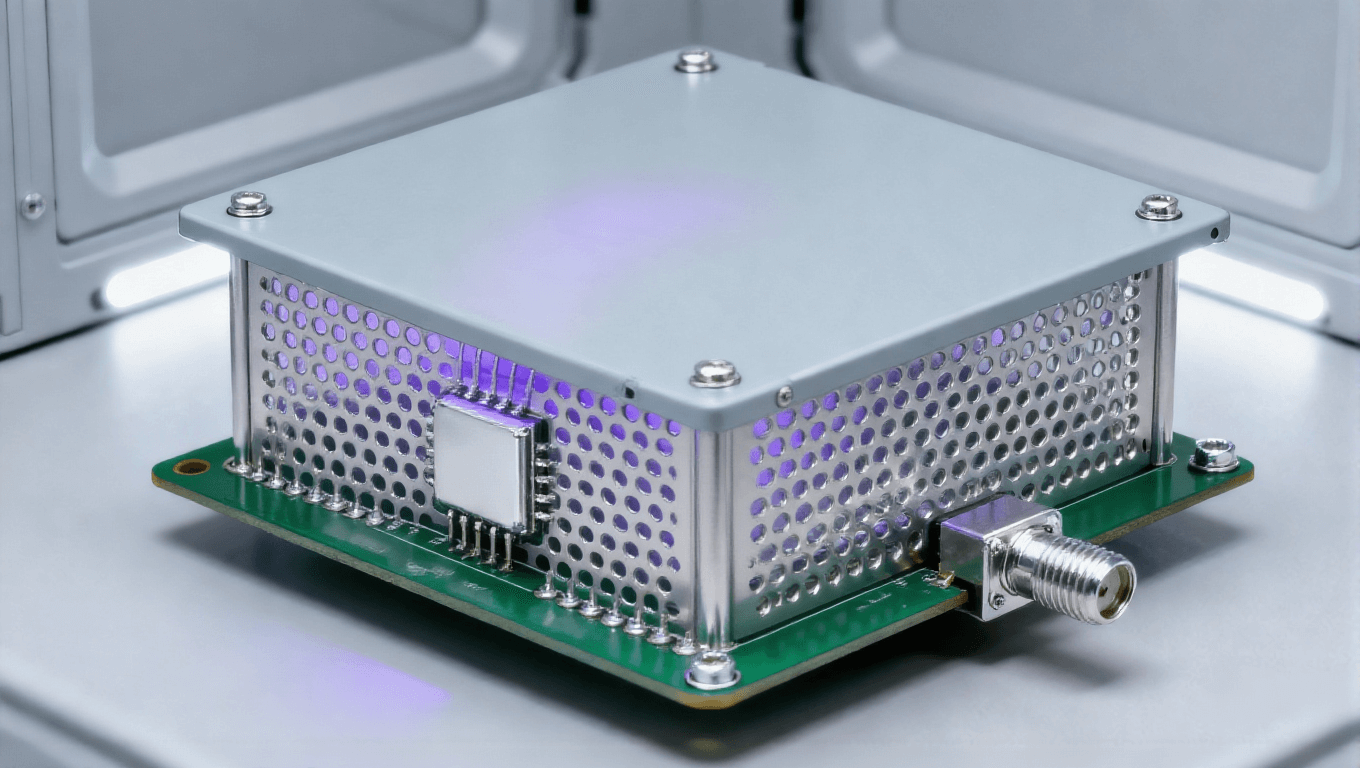 射頻前端 PCB 屏蔽防護(hù)場(chǎng)景，過(guò)孔墻 + 金屬屏蔽罩實(shí)現(xiàn) 70dB@10GHz 隔離度