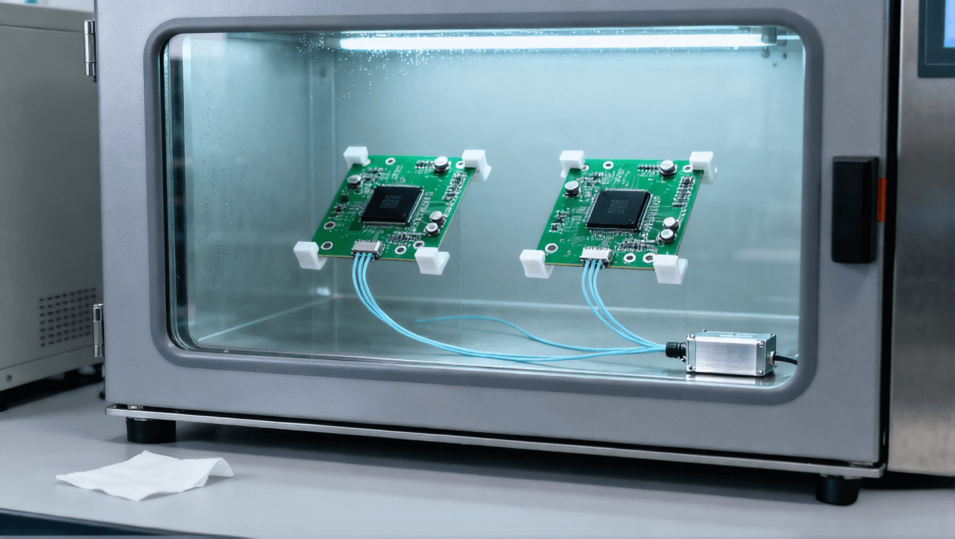 PCB高溫高濕老化測試 恒溫恒濕箱 架空固定PCB板 數(shù)據(jù)采集線