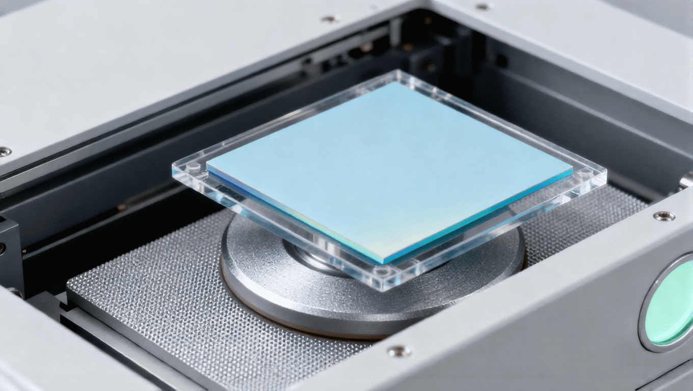 芯片減薄工藝，淡藍(lán)色芯片與研磨頭，減薄設(shè)備內(nèi)部場(chǎng)景