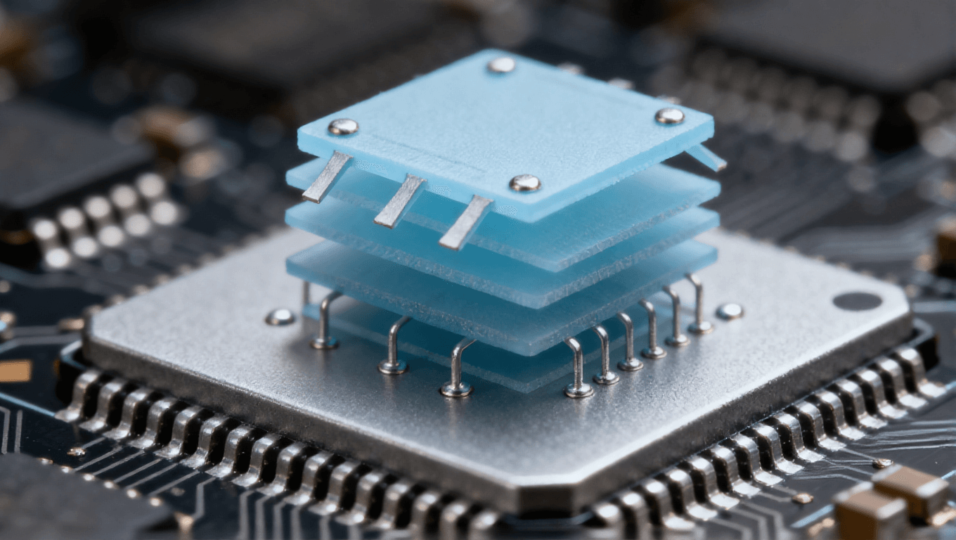 感器三維堆疊，淡藍(lán)色傳感器與銀灰色處理芯片