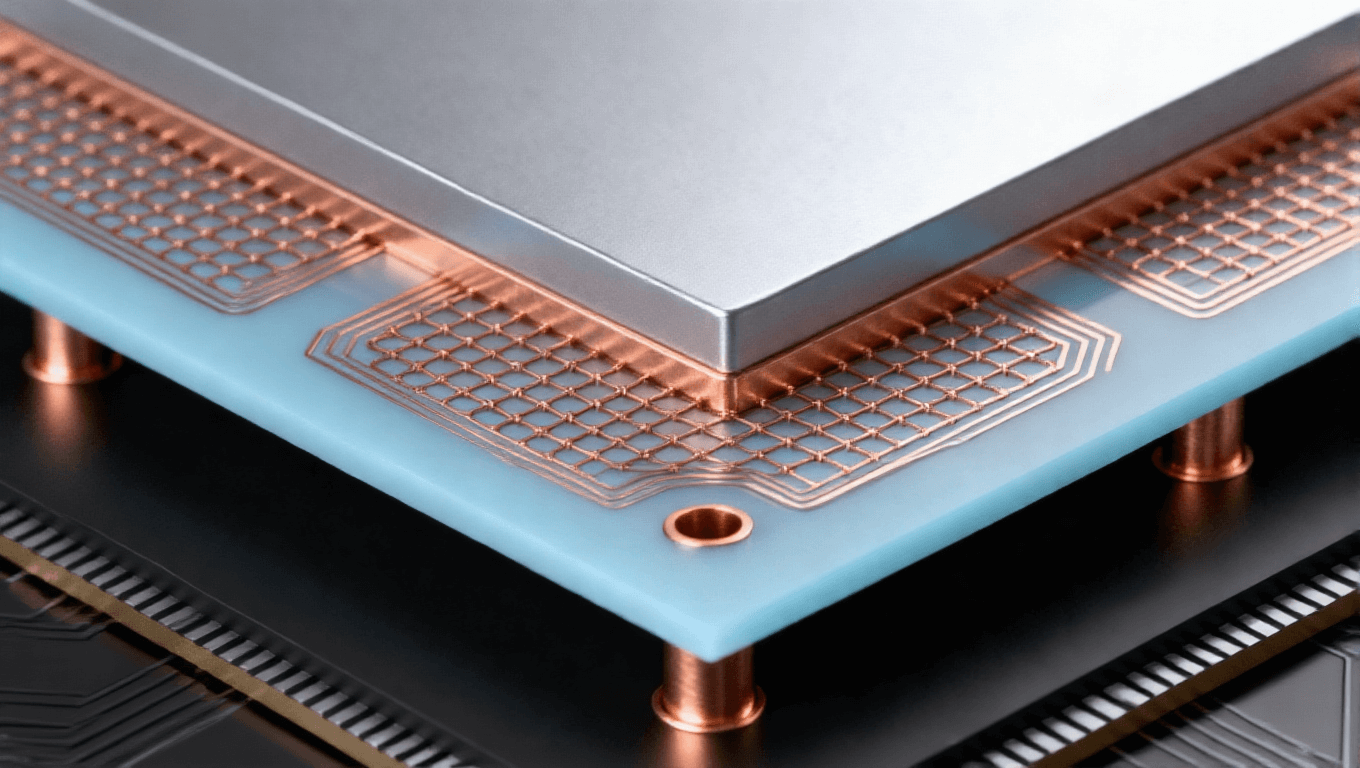 三維堆疊硅中介層，淡藍(lán)色硅片與銅色互連線路