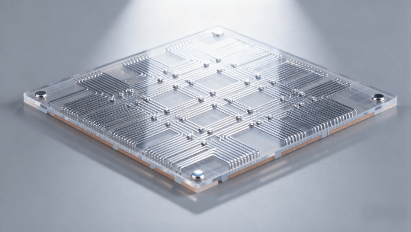 Mini LED驅(qū)動板mSAP工藝精細(xì)線路特寫，展示透明PCB基板與銀銅色細(xì)密線路，高端PCB線路細(xì)節(jié)圖